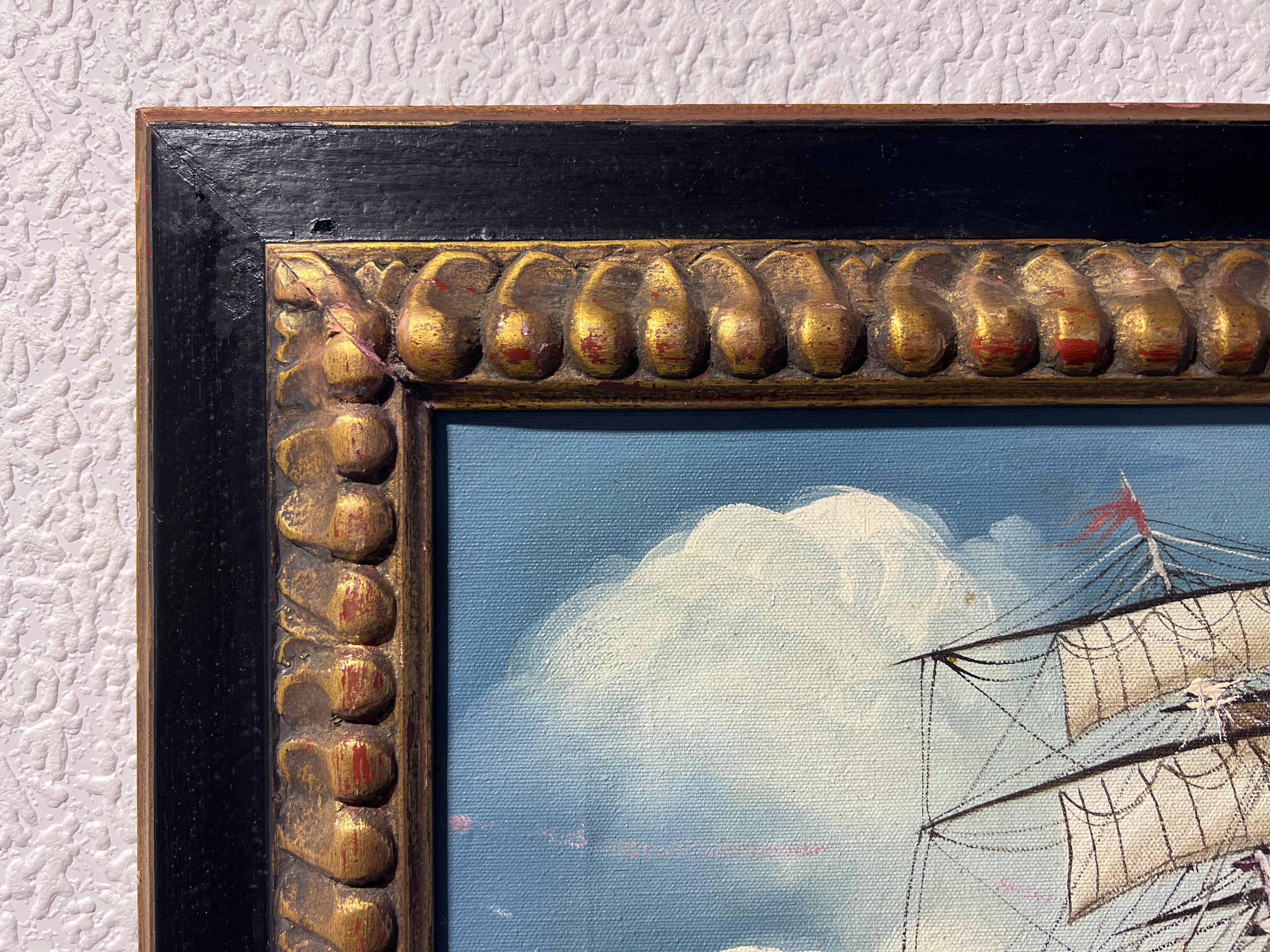Dies ist ein Original Vintage-Ölgemälde auf Leinwand zeigt Segeln Schiff in der stürmischen See.

Präsentiert in einem schönen Holzrahmen. Der Rahmen hat einige Schrammen und Kratzer. Die Malerei ist insgesamt in gutem Zustand, hat einige kleinere