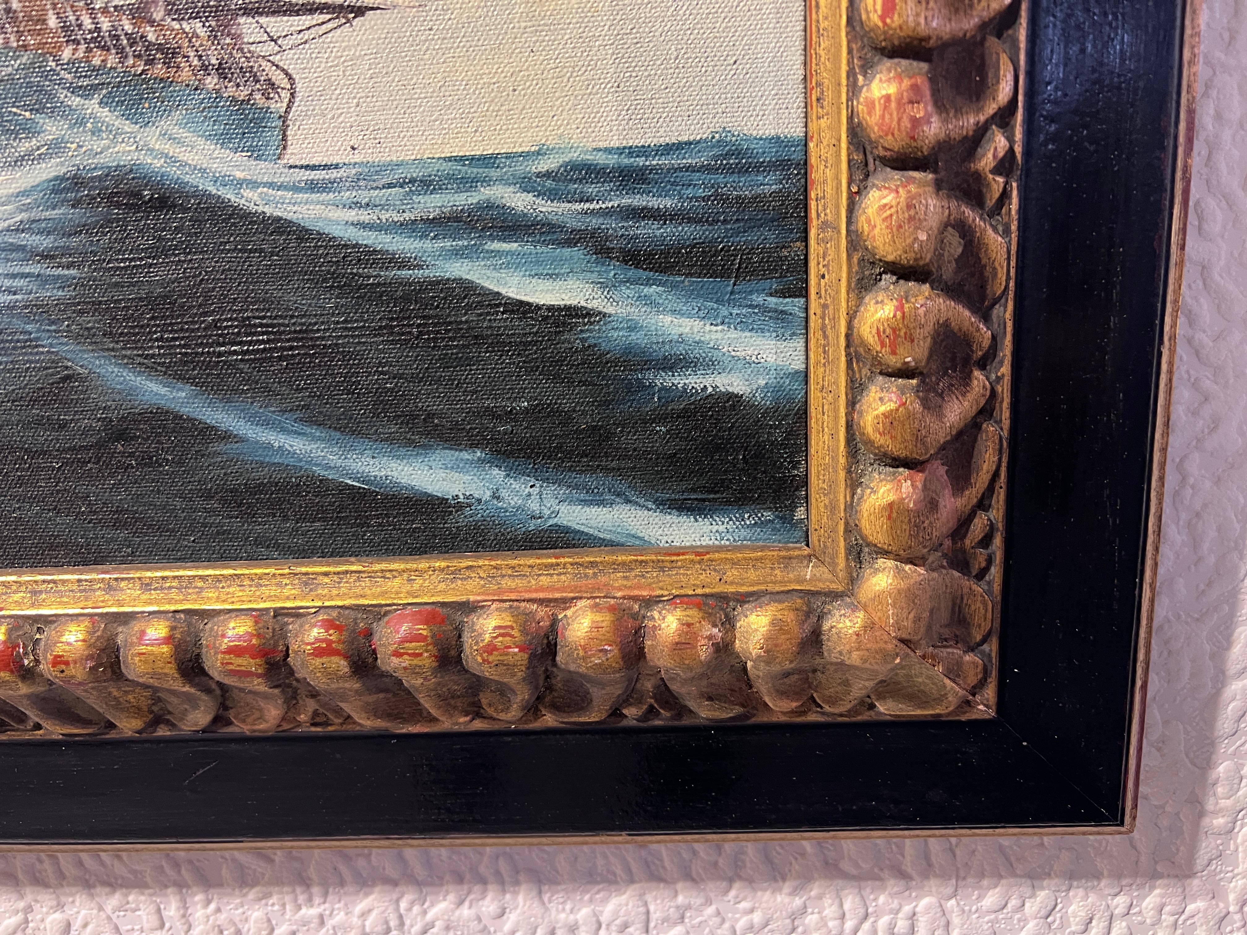 Ölgemälde auf Leinwand, Meereslandschaft, Segelschiffe, T. Orcelli, gerahmt, Vintage im Angebot 2