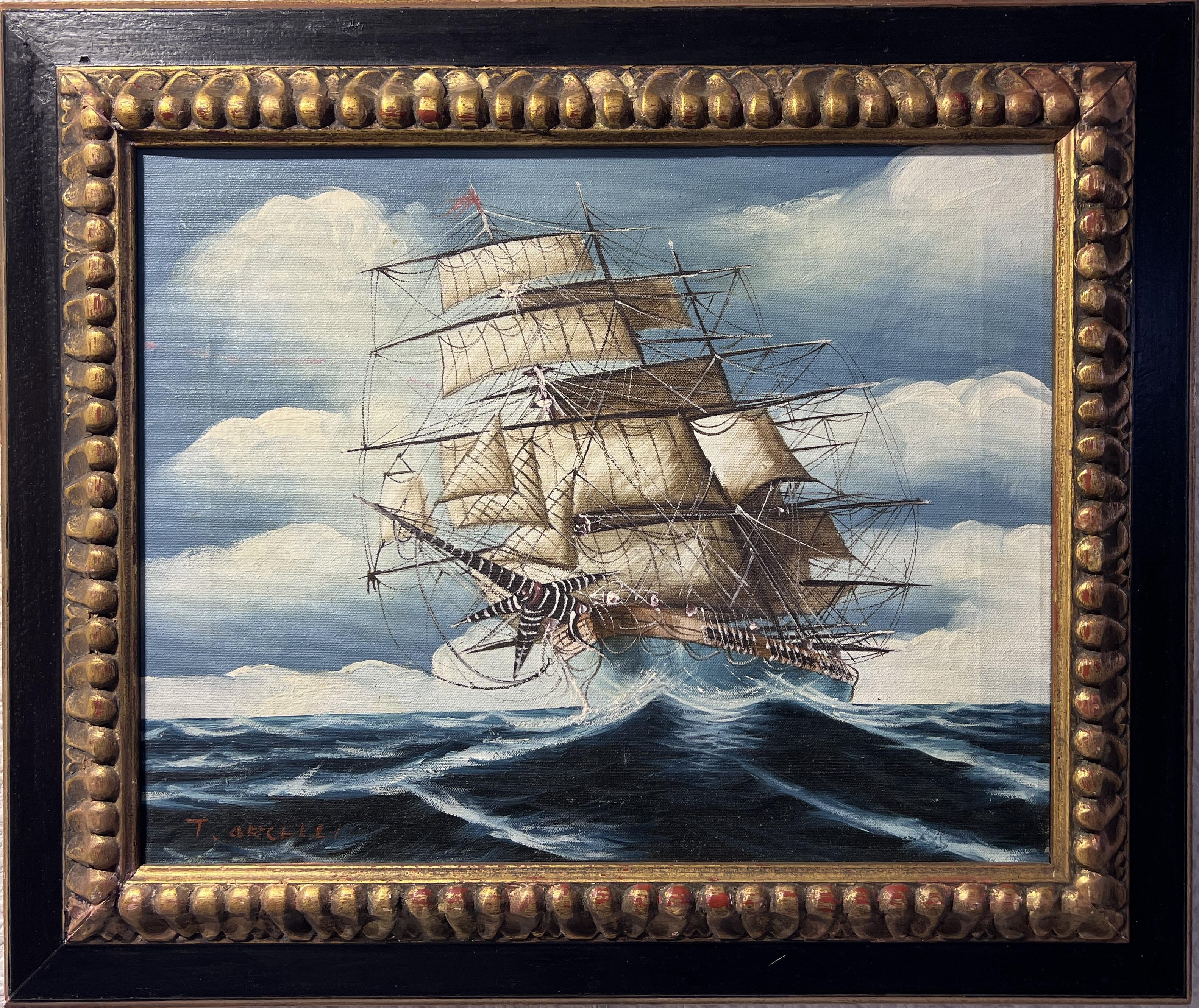 Ölgemälde auf Leinwand, Meereslandschaft, Segelschiffe, T. Orcelli, gerahmt, Vintage