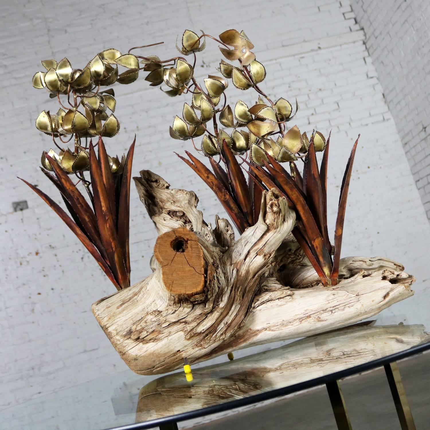 Torch Cut Brutalist Floral Copper and Brass Sculpture on Driftwood 6