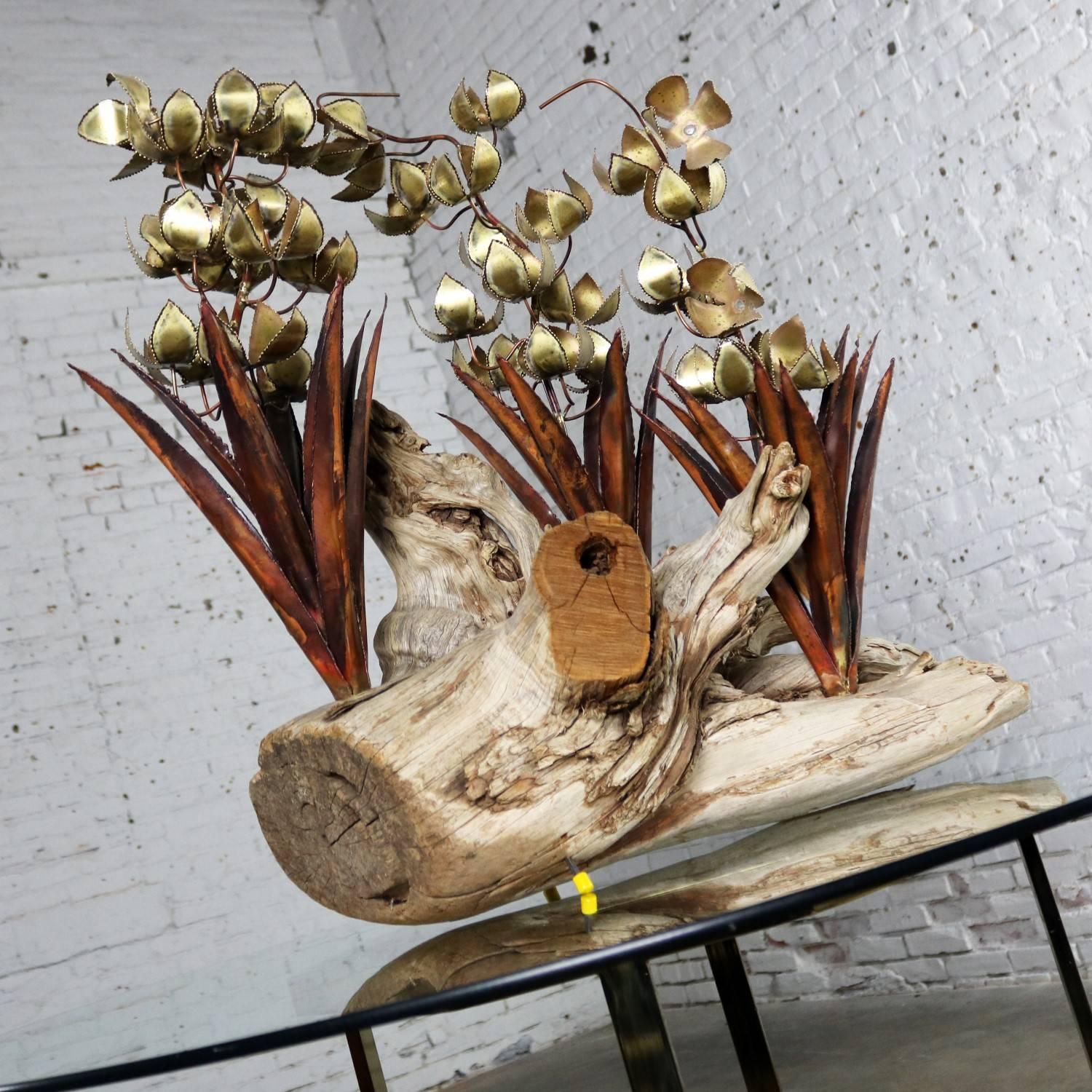 Torch Cut Brutalist Floral Copper and Brass Sculpture on Driftwood 7