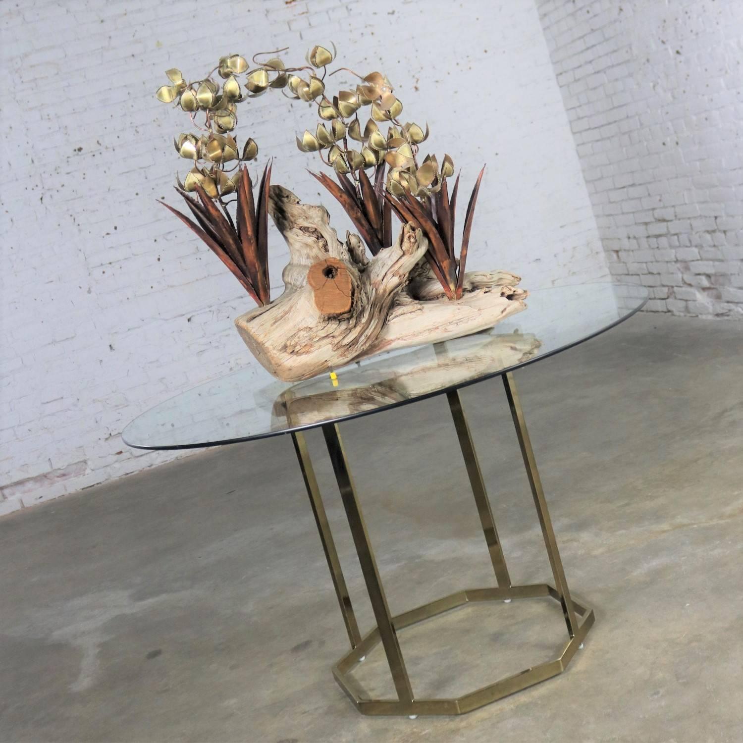 Torch Cut Brutalist Floral Copper and Brass Sculpture on Driftwood 13