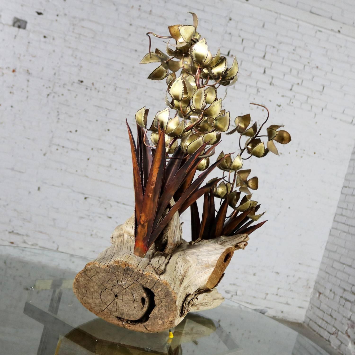 20th Century Torch Cut Brutalist Floral Copper and Brass Sculpture on Driftwood