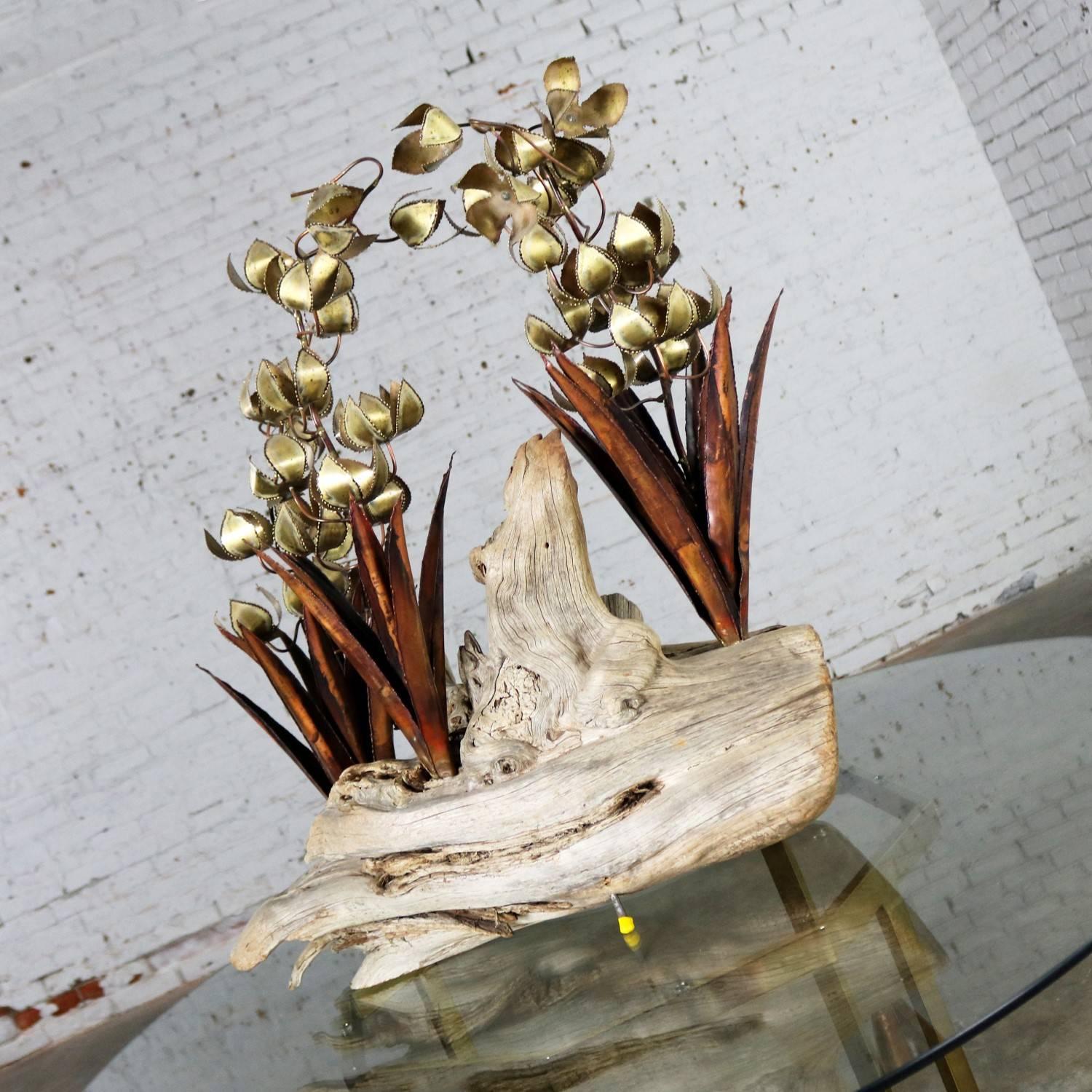 Torch Cut Brutalist Floral Copper and Brass Sculpture on Driftwood 1