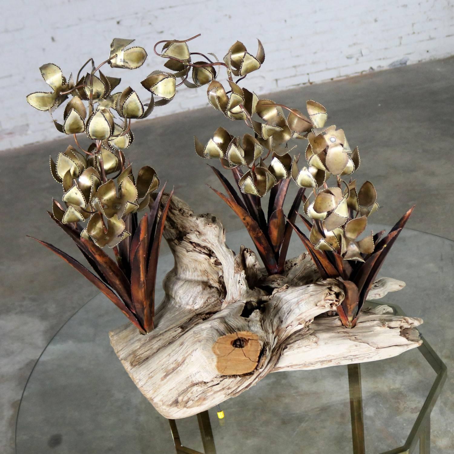 Torch Cut Brutalist Floral Copper and Brass Sculpture on Driftwood 2