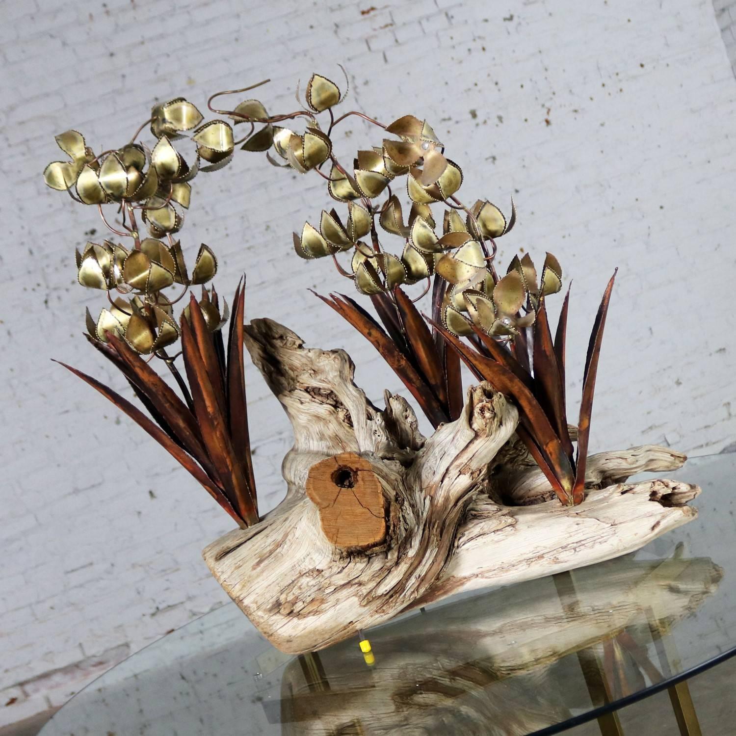 Torch Cut Brutalist Floral Copper and Brass Sculpture on Driftwood 3