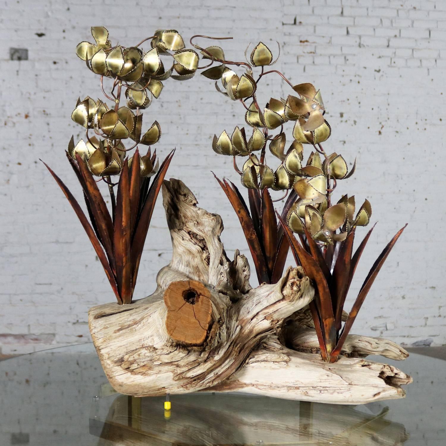 Torch Cut Brutalist Floral Copper and Brass Sculpture on Driftwood 4
