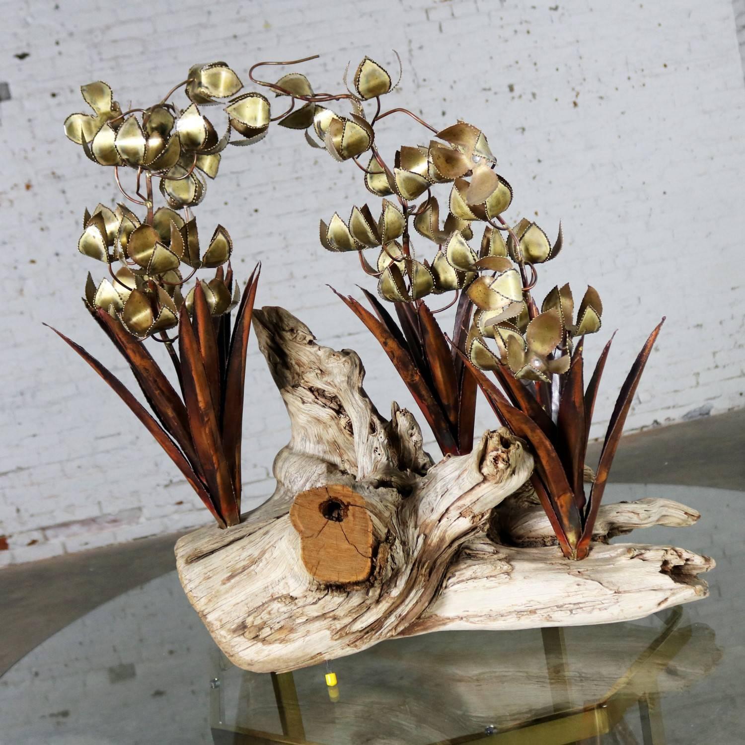 Torch Cut Brutalist Floral Copper and Brass Sculpture on Driftwood 5