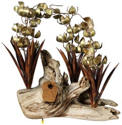 Torch Cut Brutalist Floral Copper and Brass Sculpture on Driftwood