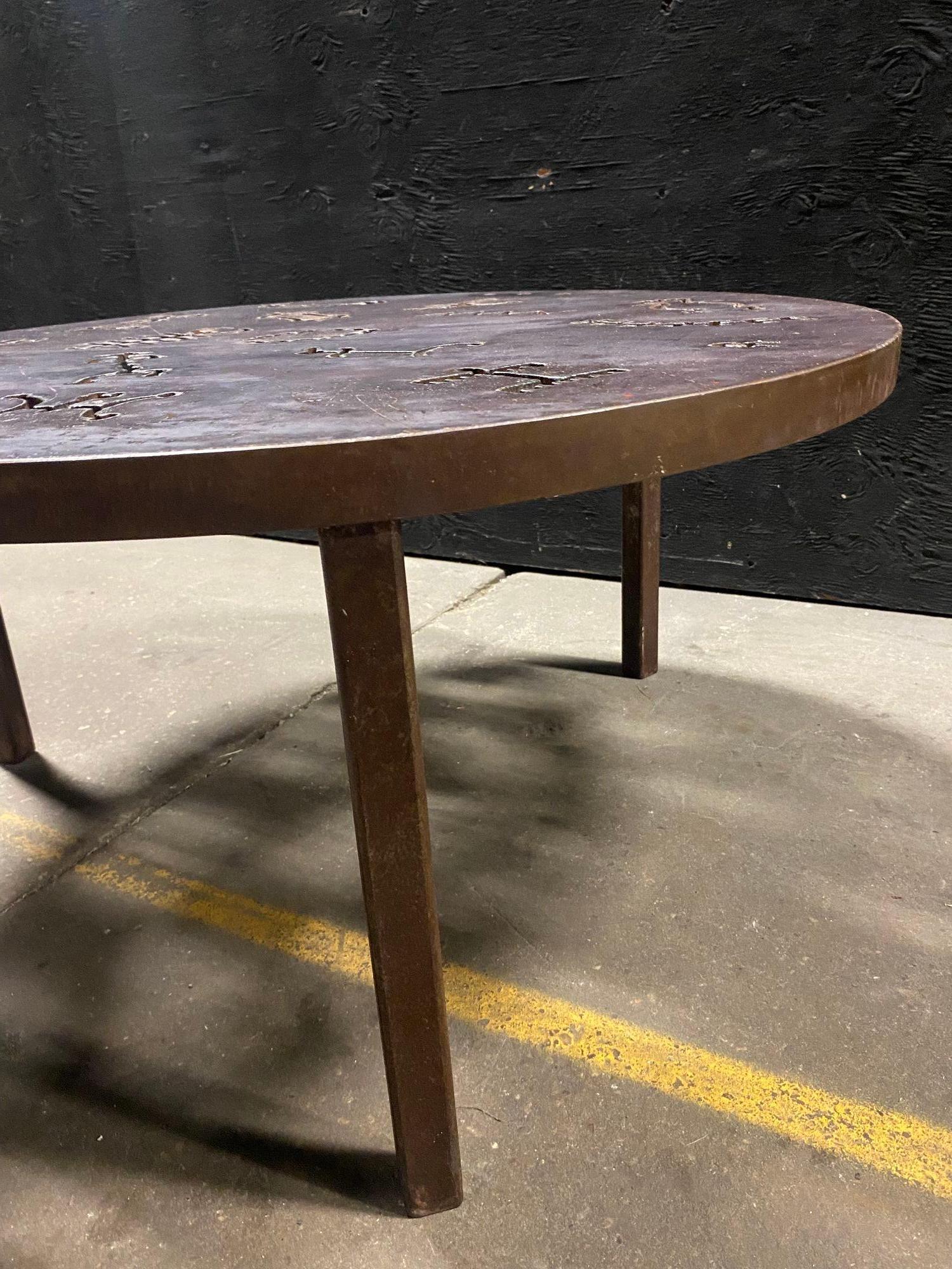 American Torch Cut Brutalist Iron Cocktail Table For Sale