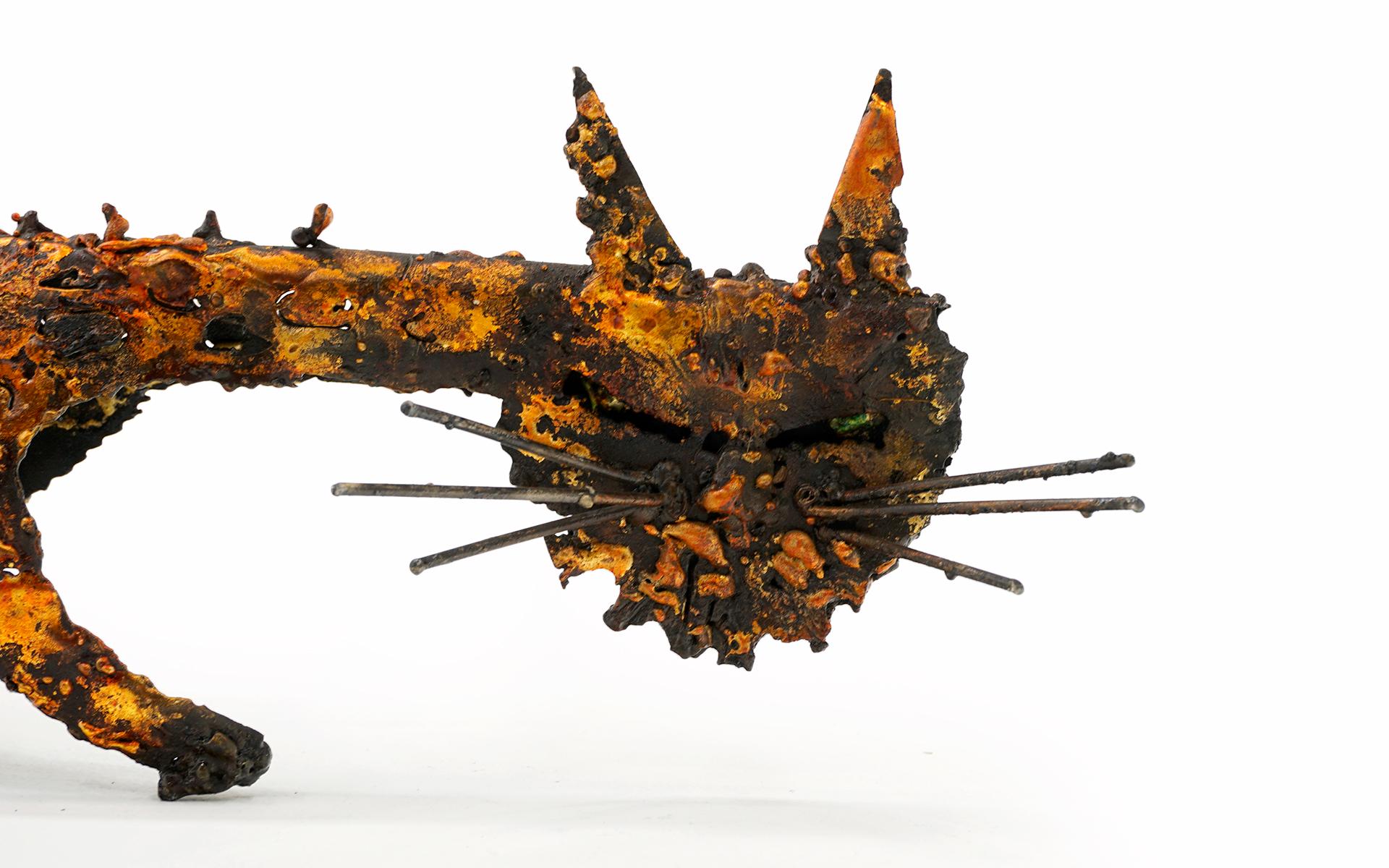 American Torch Cut Steel Leopard Sculpture by James Bearden, Orange and Black Enamel For Sale