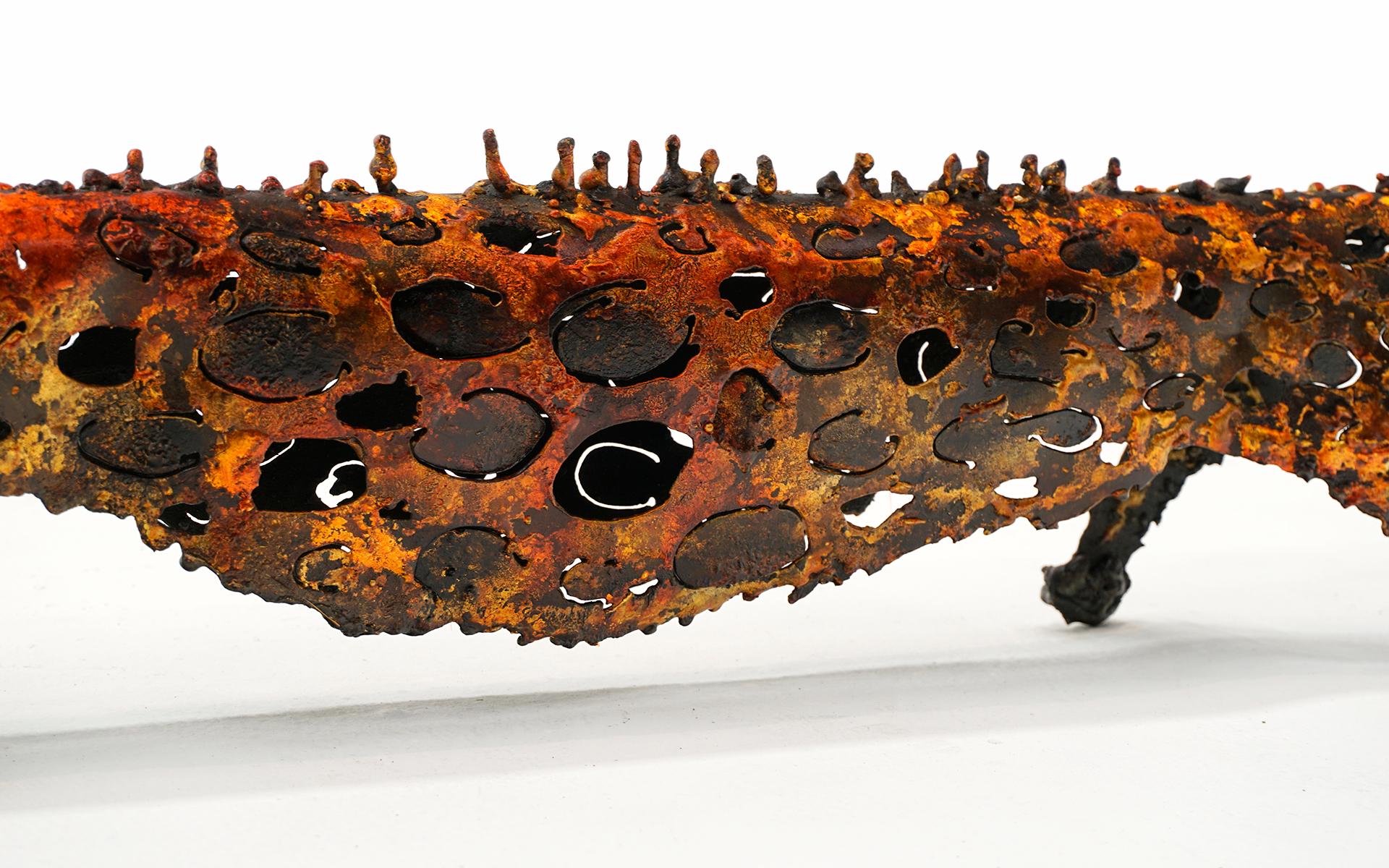 Torch Cut Steel Leopard Sculpture by James Bearden, Orange and Black Enamel In Excellent Condition For Sale In Kansas City, MO