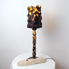 Torch, Sculptured Lighting, Table Lamp from Reclaimed Burned Wood and Stone