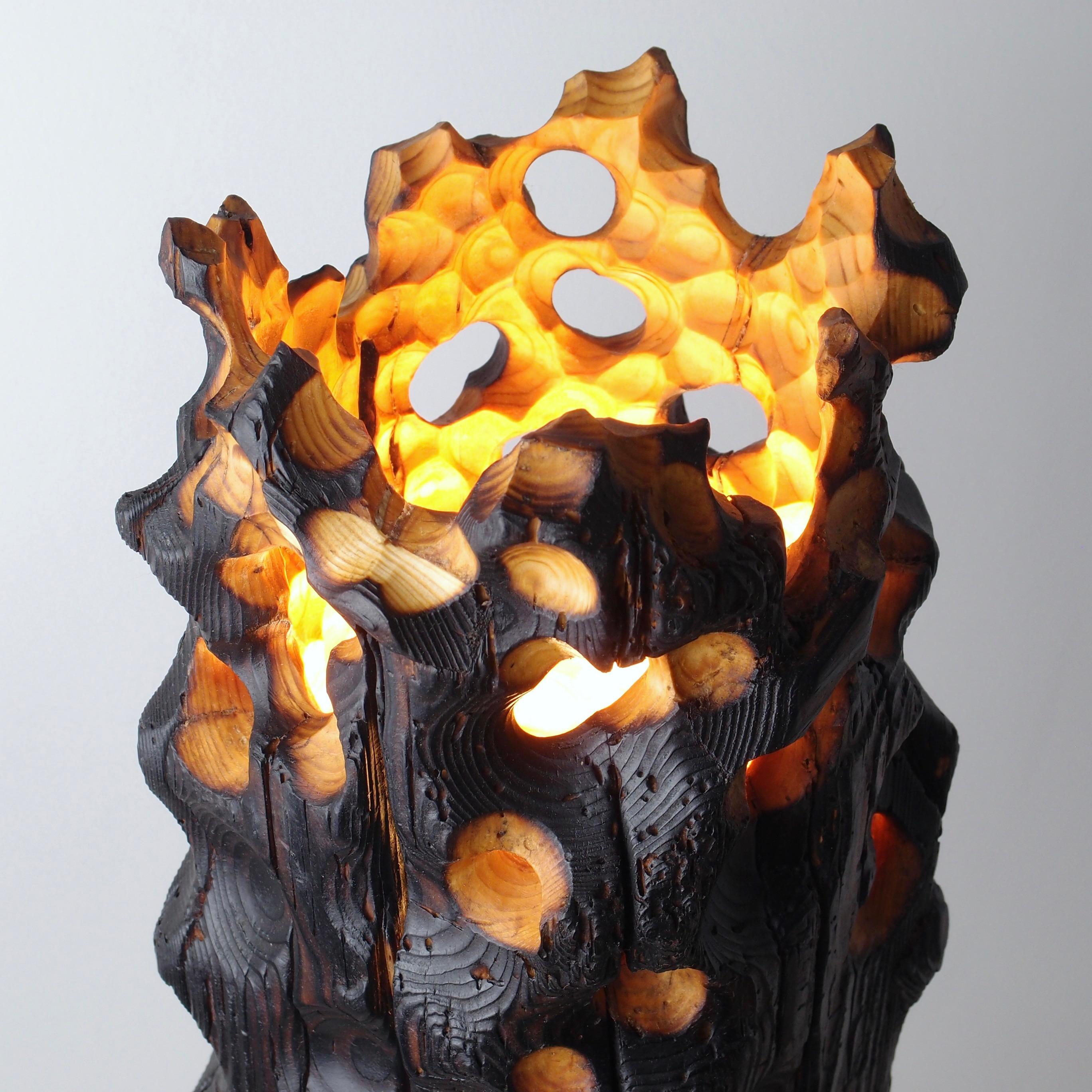 Hungarian Torch, Sculptured Lighting, Table Lamp from Reclaimed Burned Wood and Stone For Sale