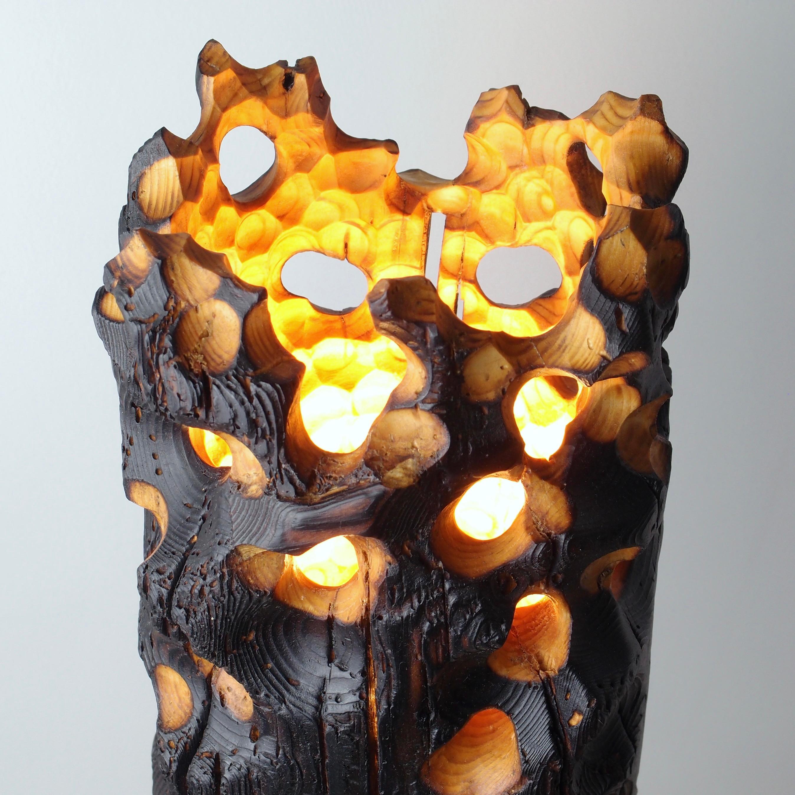 Blackened Torch, Sculptured Lighting, Table Lamp from Reclaimed Burned Wood and Stone For Sale
