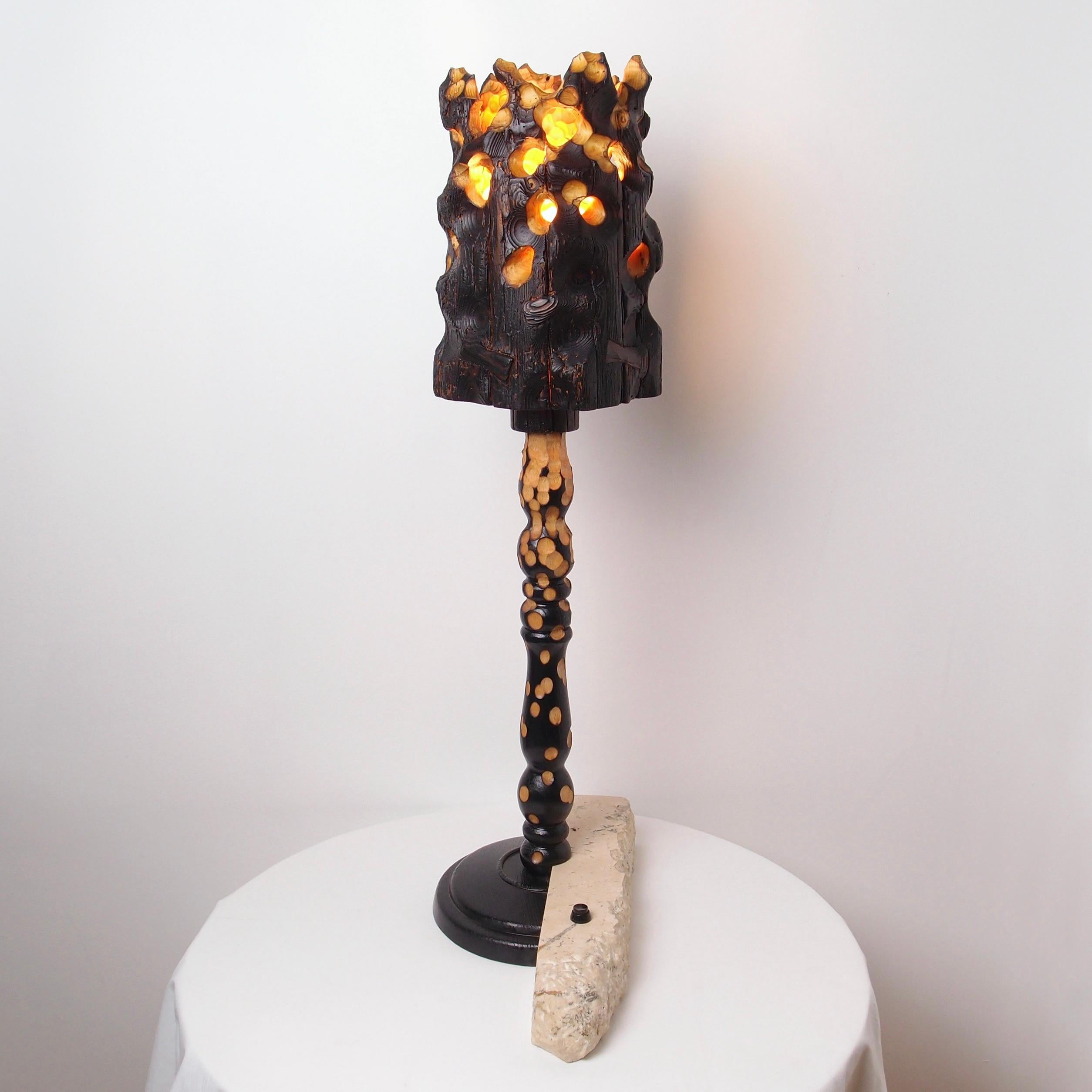 Torch, Sculptured Lighting, Table Lamp from Reclaimed Burned Wood and Stone In New Condition For Sale In Budapest, HU