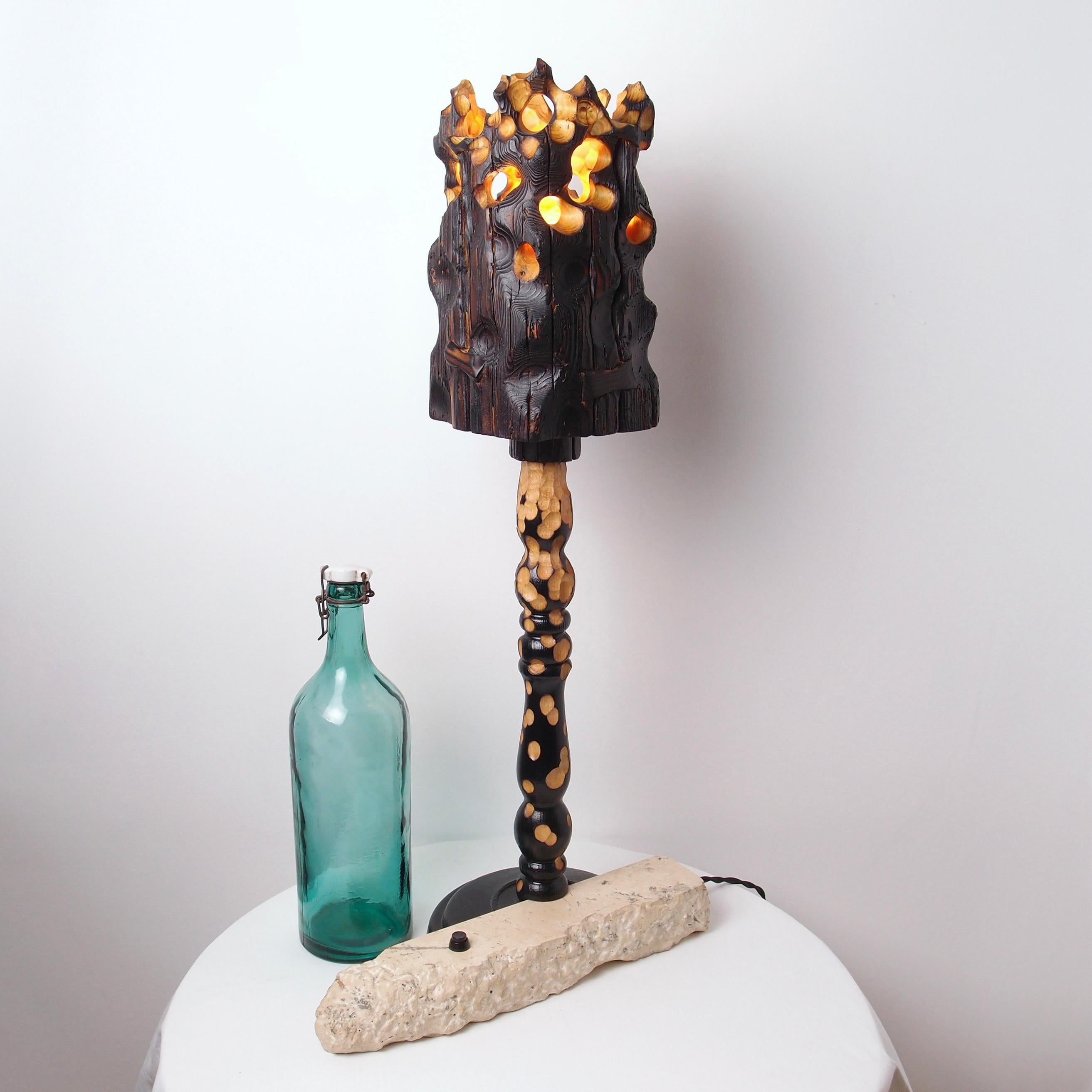 Torch, Sculptured Lighting, Table Lamp from Reclaimed Burned Wood and Stone For Sale 1