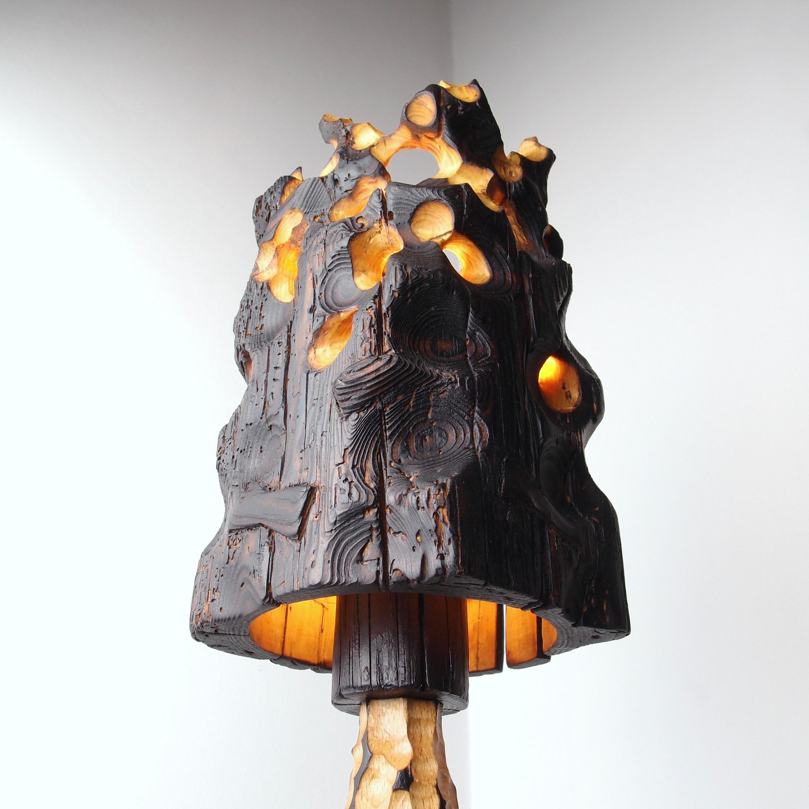 Torch, Sculptured Lighting, Table Lamp from Reclaimed Burned Wood and Stone For Sale 2