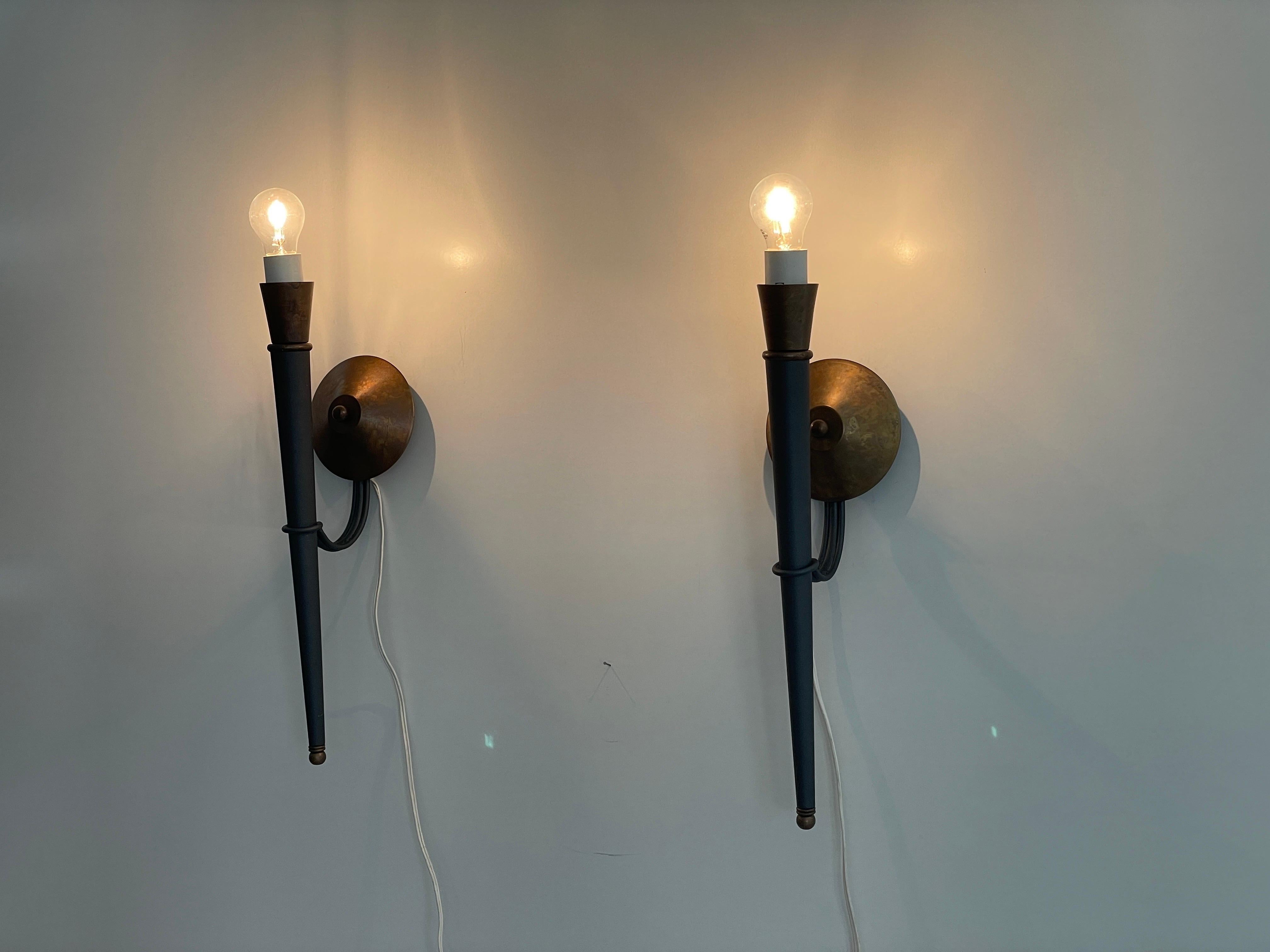 Torch Shape Metal and Brass Large Pair of Wall Sconces, 1960s, Germany For Sale 5
