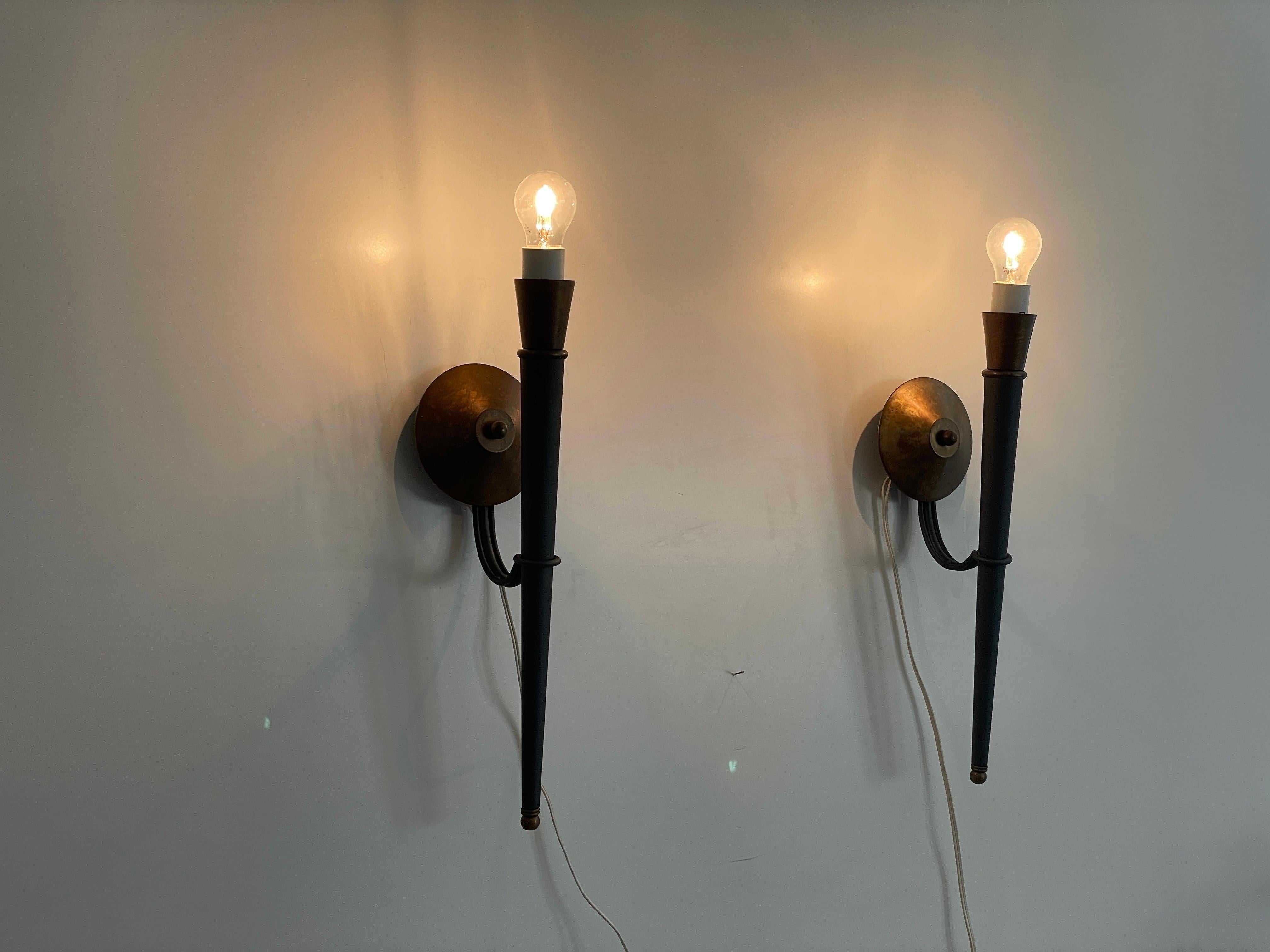 Torch Shape Metal and Brass Large Pair of Wall Sconces, 1960s, Germany For Sale 6