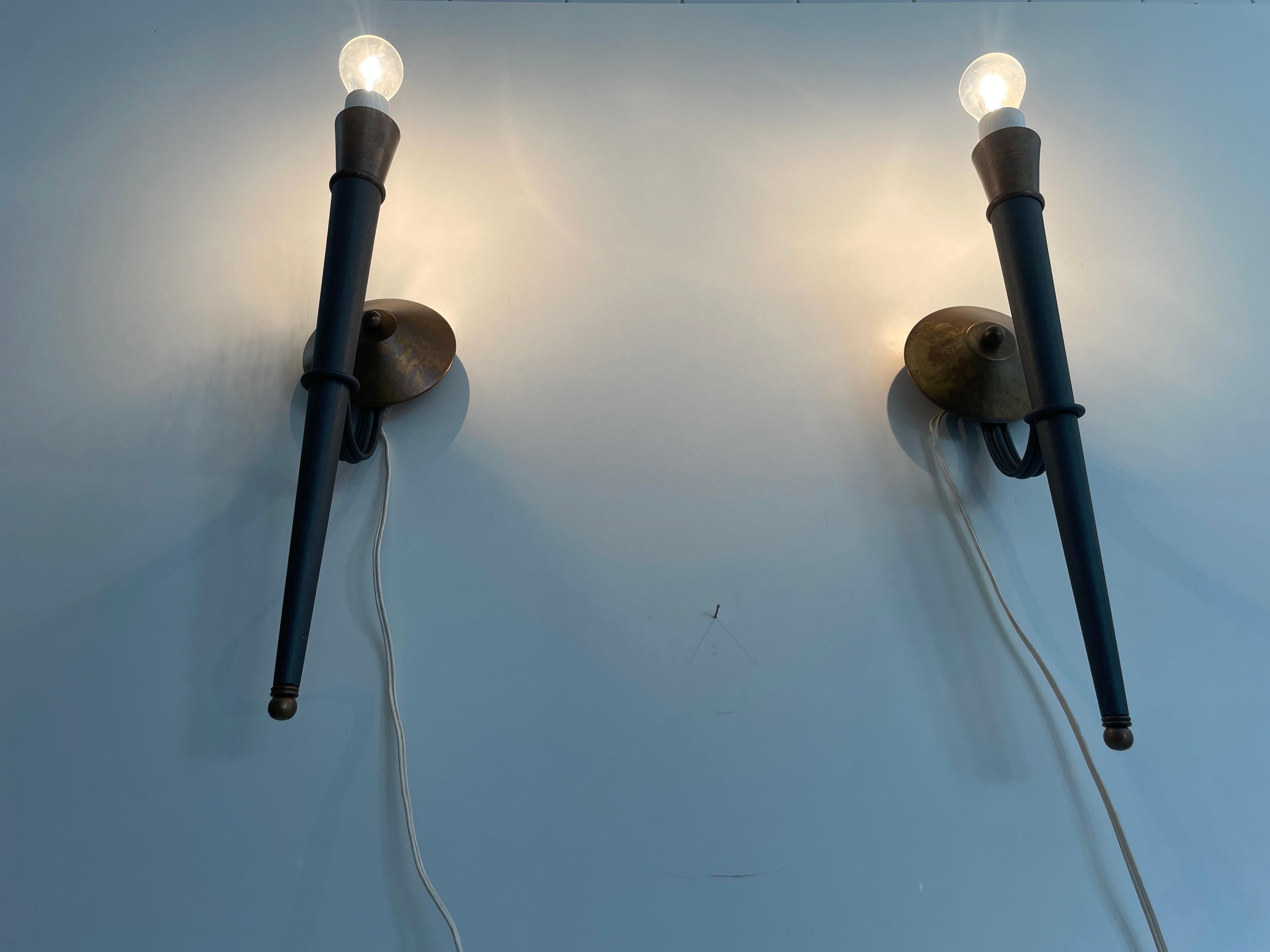 Torch Shape Metal and Brass Large Pair of Wall Sconces, 1960s, Germany For Sale 7