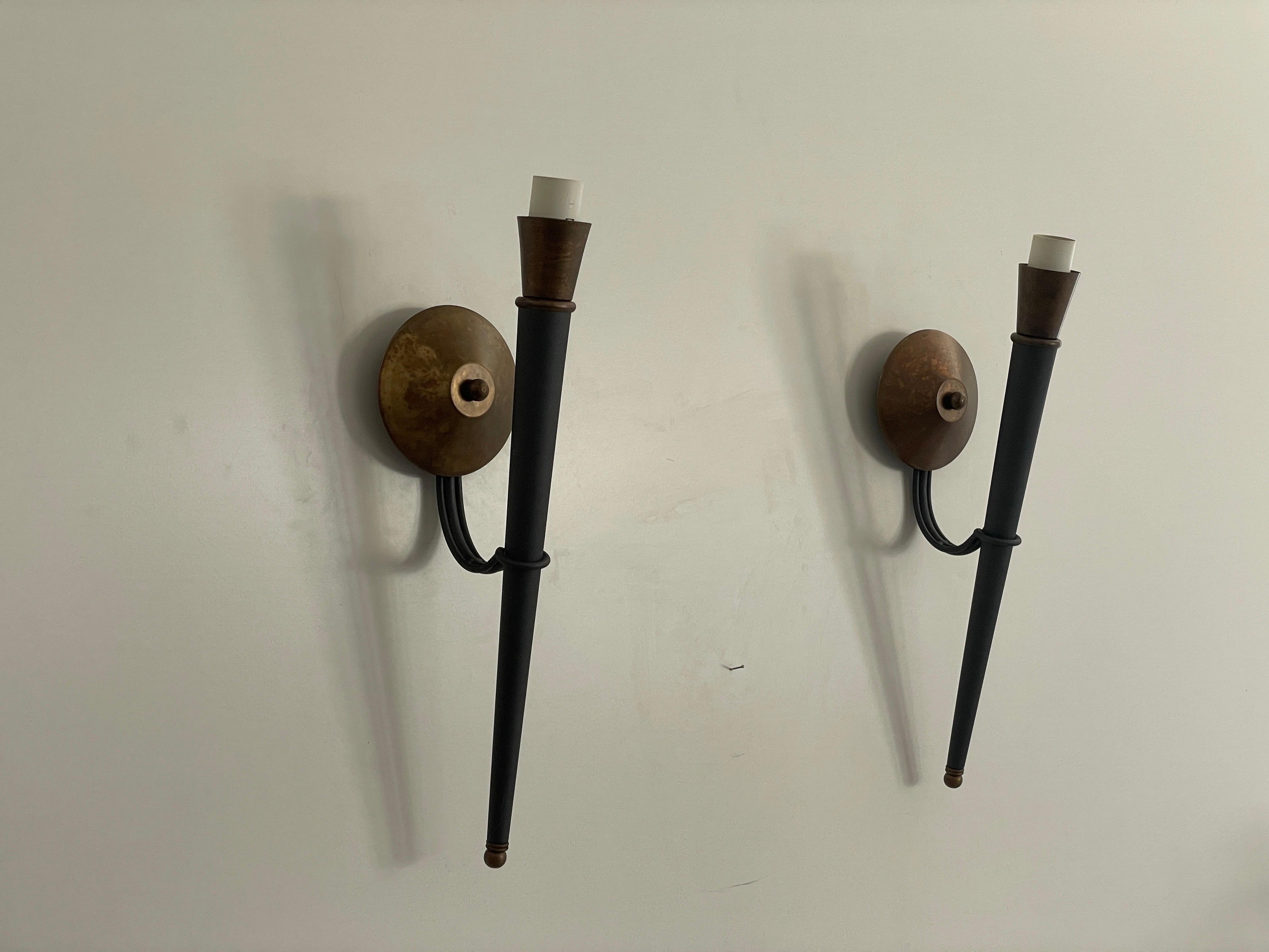 Mid-Century Modern Torch Shape Metal and Brass Large Pair of Wall Sconces, 1960s, Germany For Sale