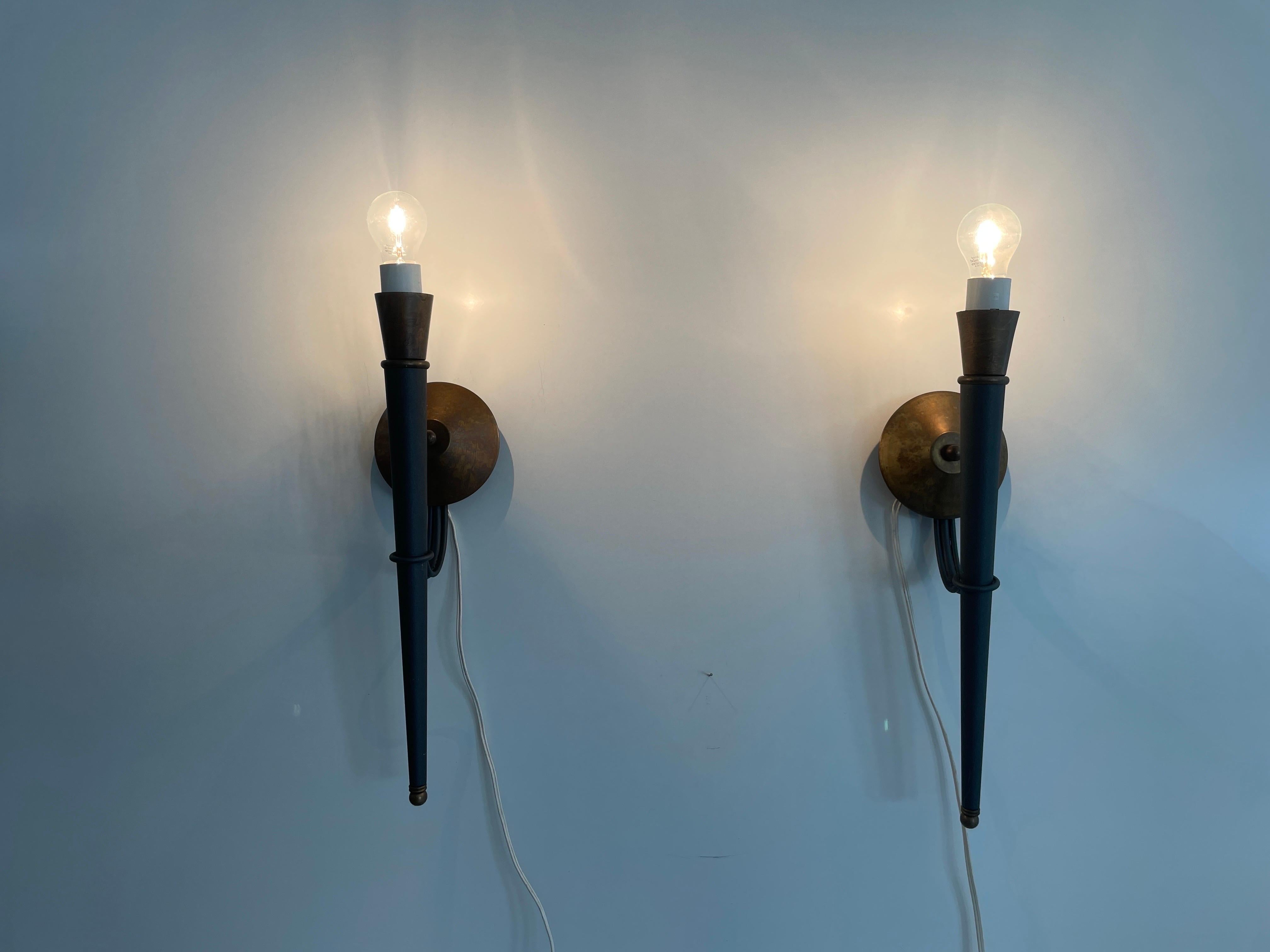 Torch Shape Metal and Brass Large Pair of Wall Sconces, 1960s, Germany For Sale 4