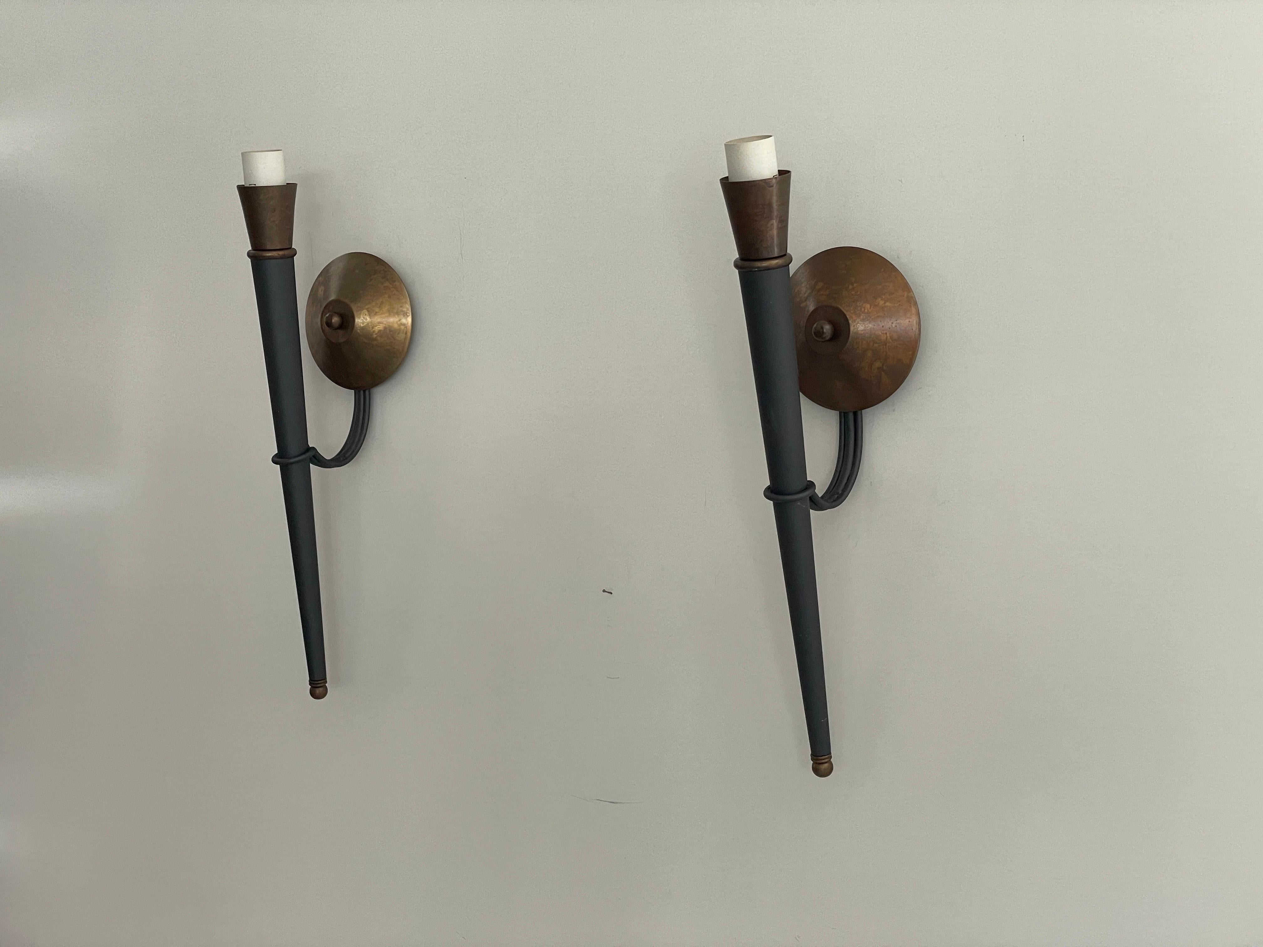 Torch Shape Metal and Brass Large Pair of Wall Sconces, 1960s, Germany For Sale