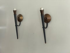 Torch Shape Metal and Brass Large Pair of Wall Sconces, 1960s, Germany