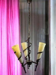 Torch Tole Pendant Chandelier Glass Shade Neoclassical Design, Italy 1980s