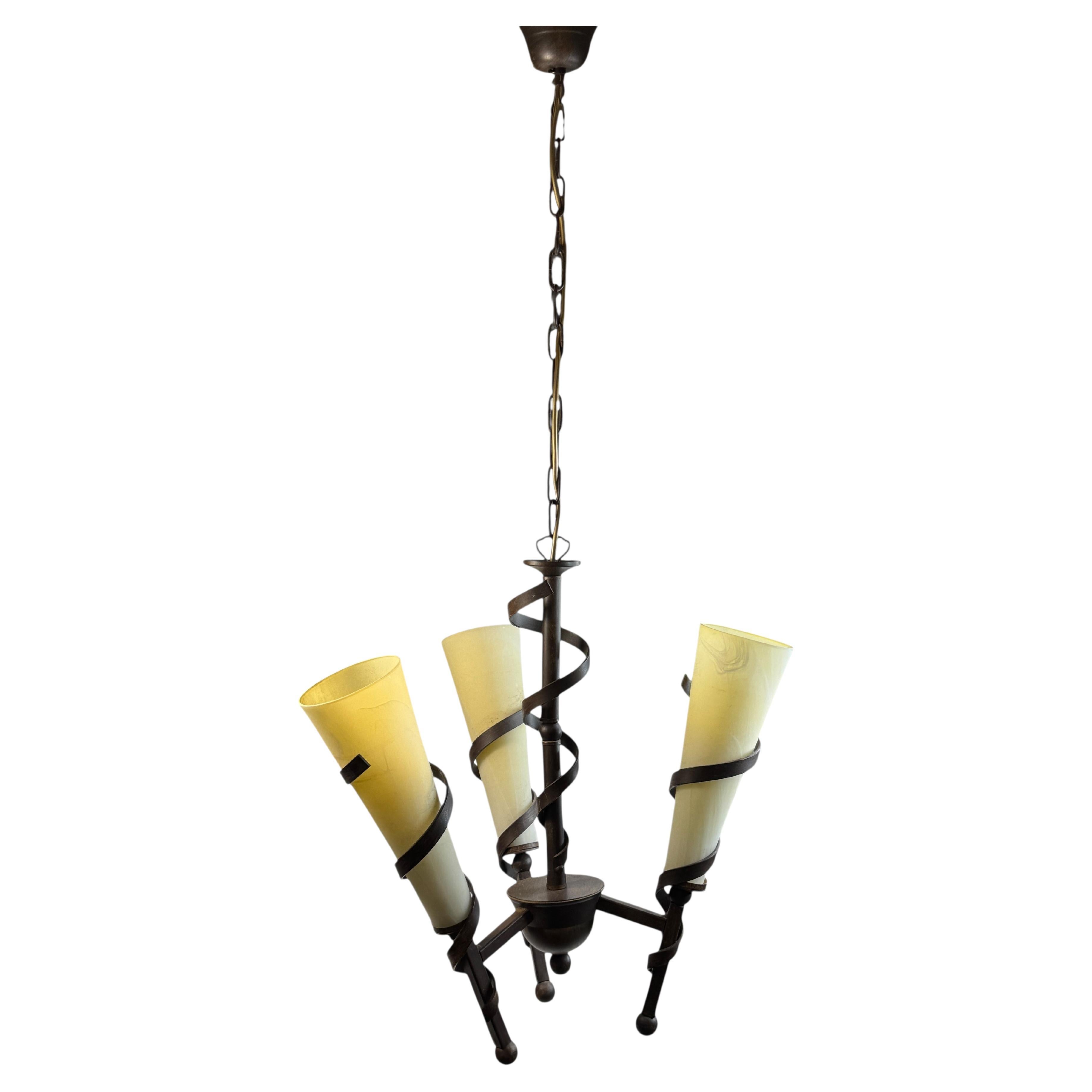 Torch Tole Pendant Chandelier Glass Shade Neoclassical Design, Italy 1980s