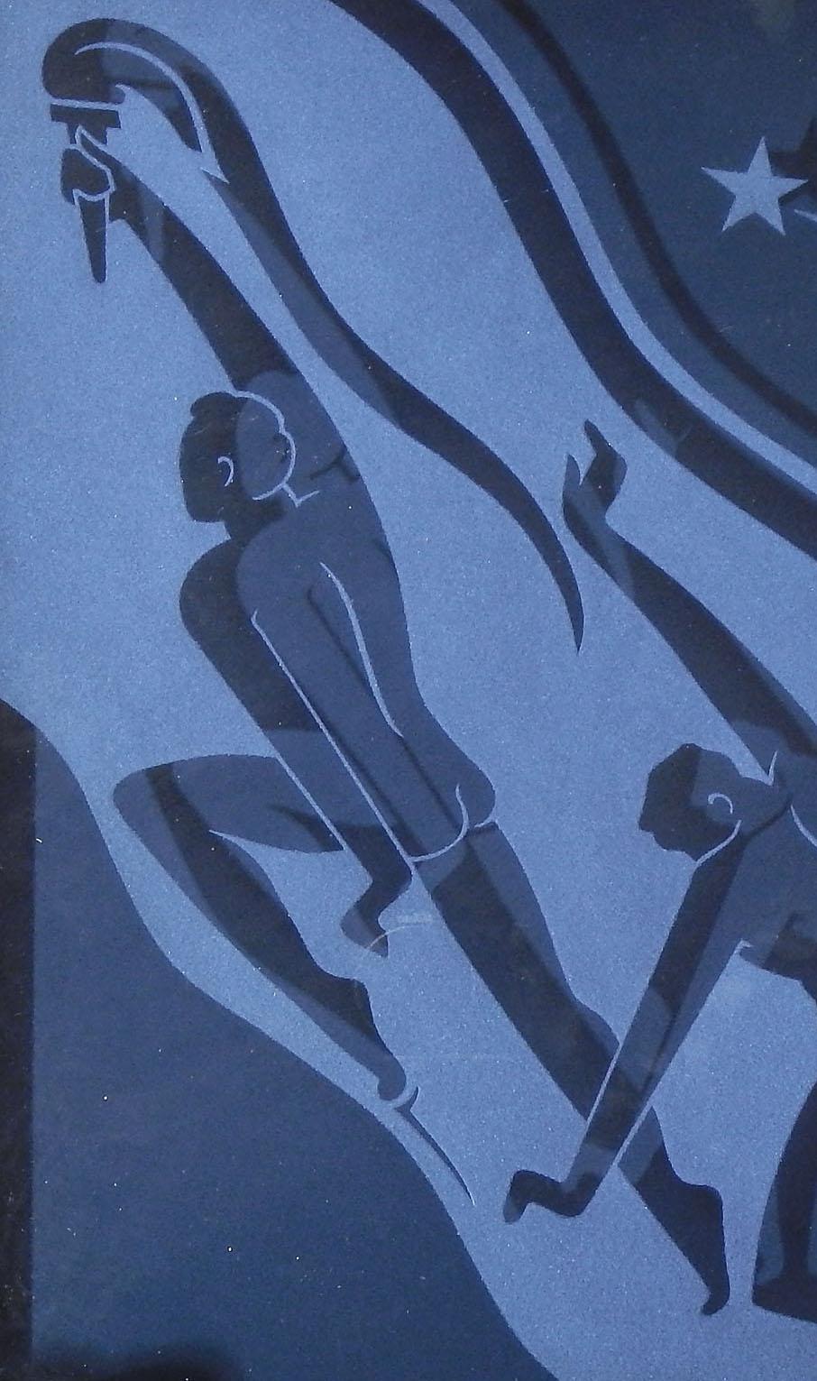 Art déco Panneau en verre gravé Art Déco « Torchbearers » avec hommes nus en vente