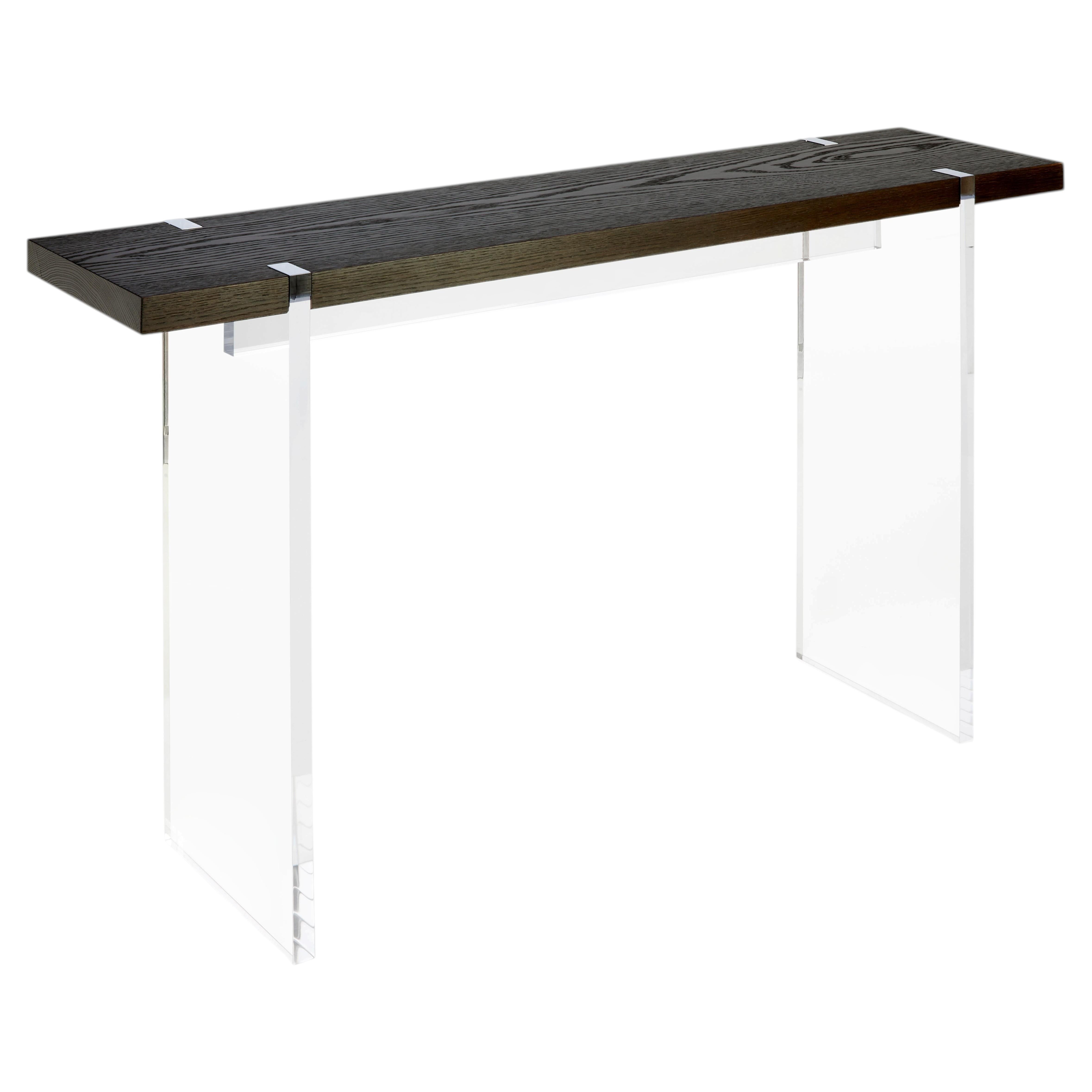 Torched Oak Console Table with Floating Acrylic Base Modern Solid Wood Console