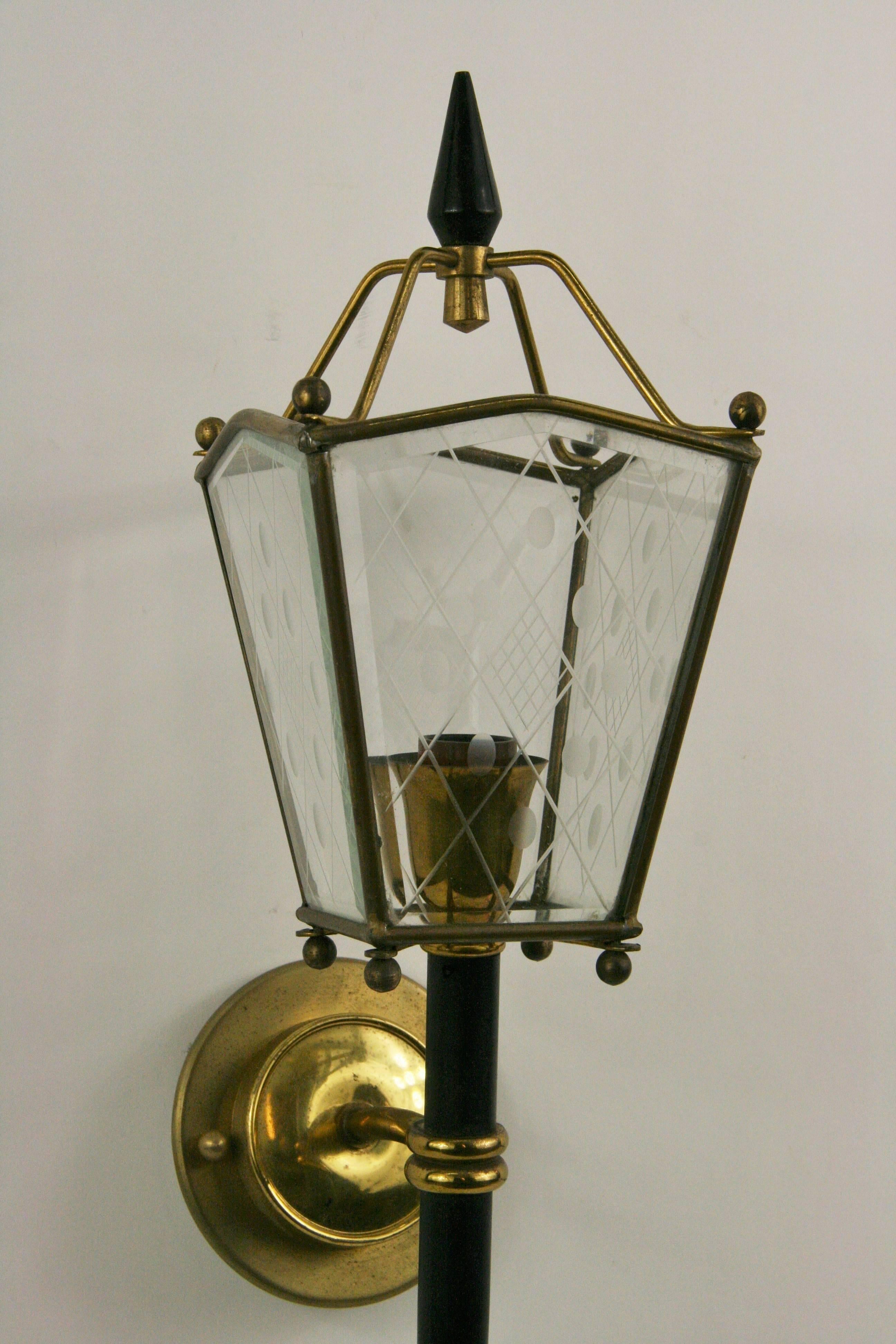 1-4072 single French black metal-brass torchère sconce supporting a four etched glass panel lantern rewired.
