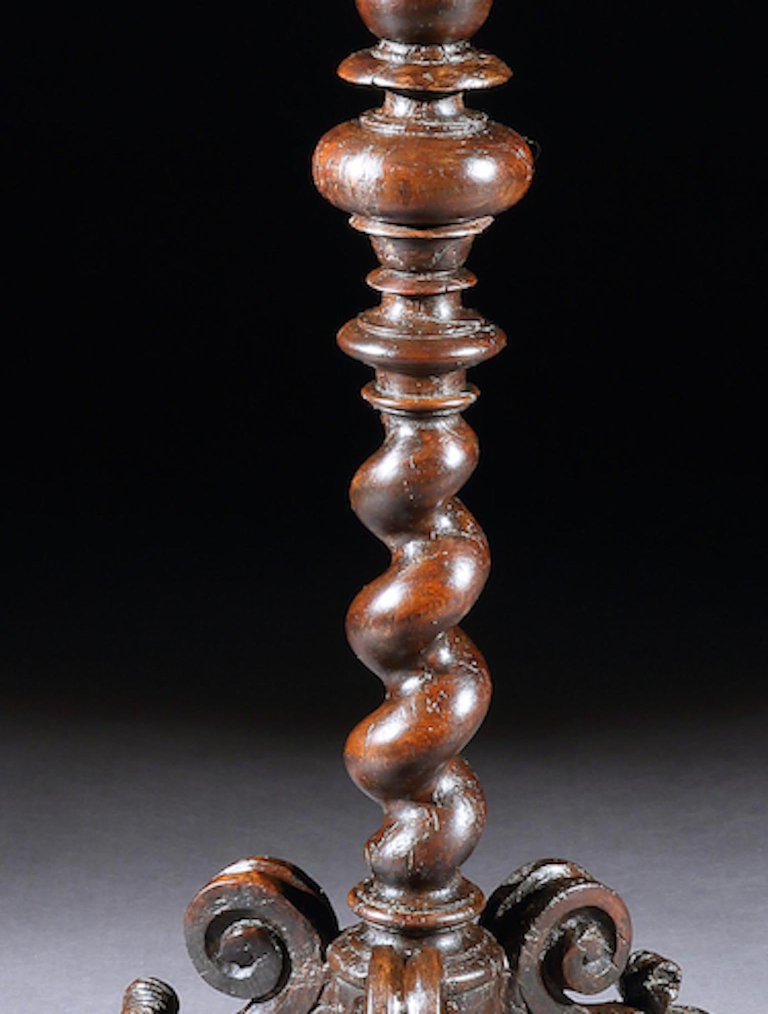 Turned Torchere or Candlestand, 17th Century, Italian, Baroque, Walnut, Floor-Standing For Sale