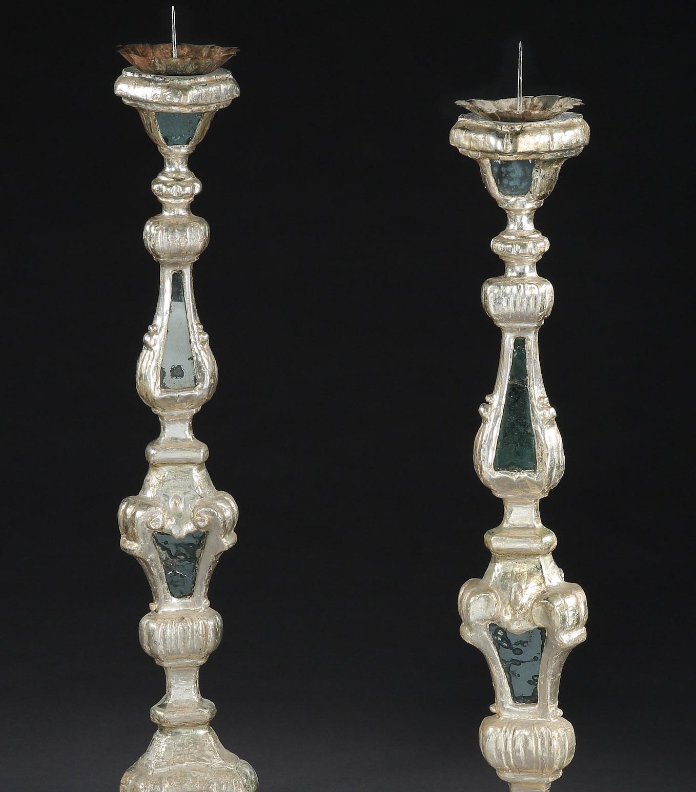 18th Century Torcheres Candlestands Pair Silver-Gilt Mirror Plate Italian Rococo 62