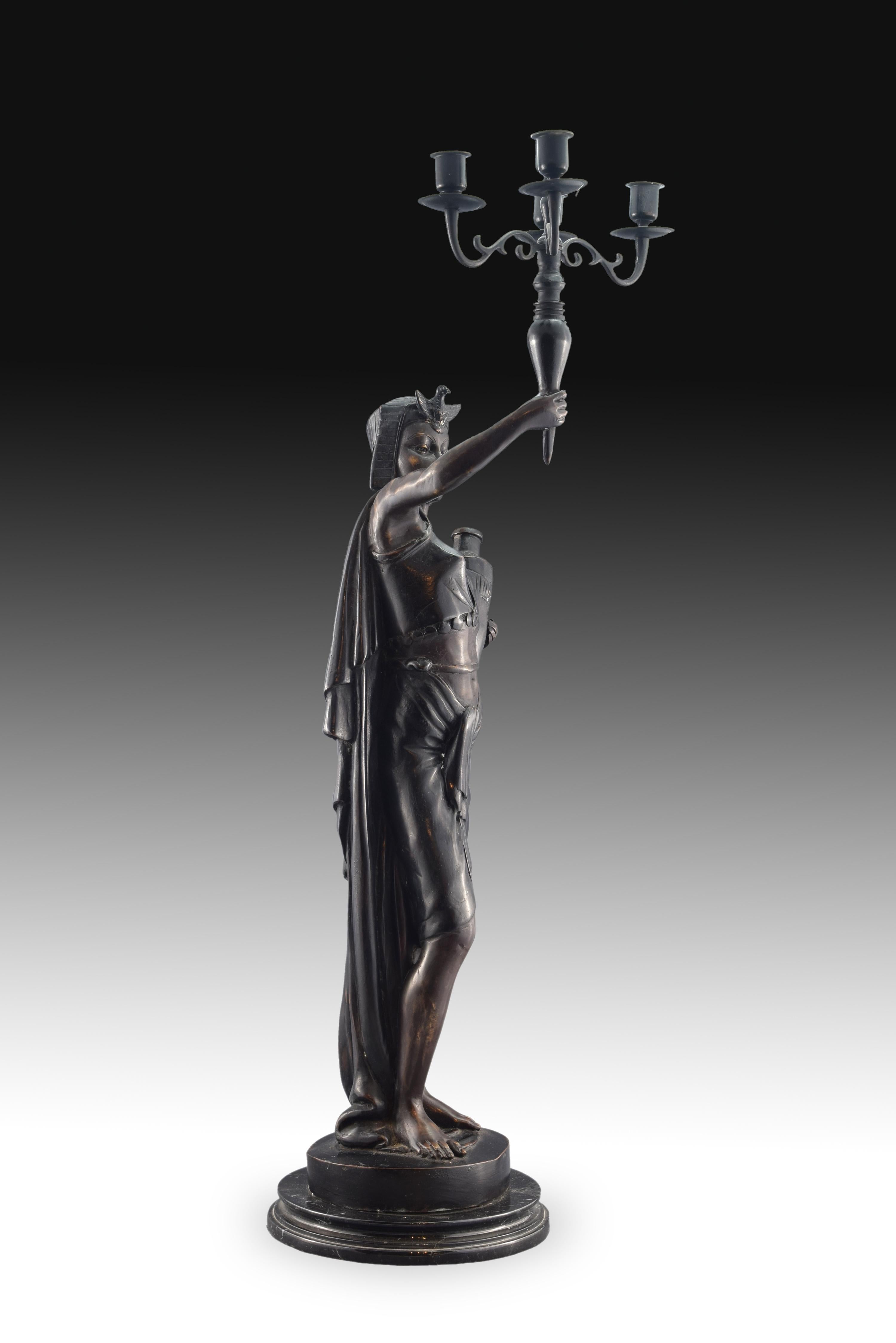 Neoclassical Torchière, Egiptian Lady with Candelabrum, Bronze