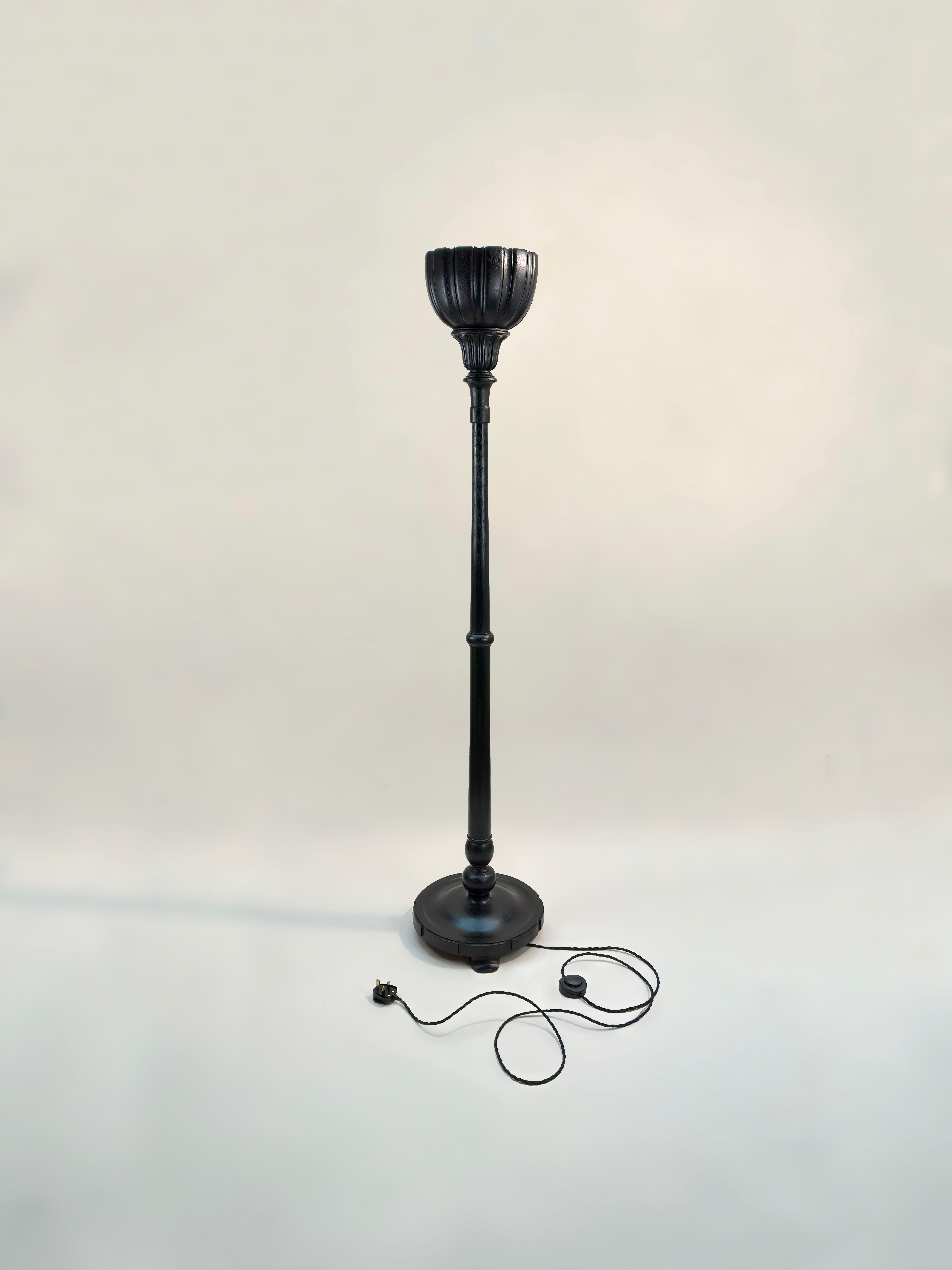 Aesthetic Movement Victorian Carved Ebonized Oak Torchiere Floor Lamp, England, c. 1890s For Sale