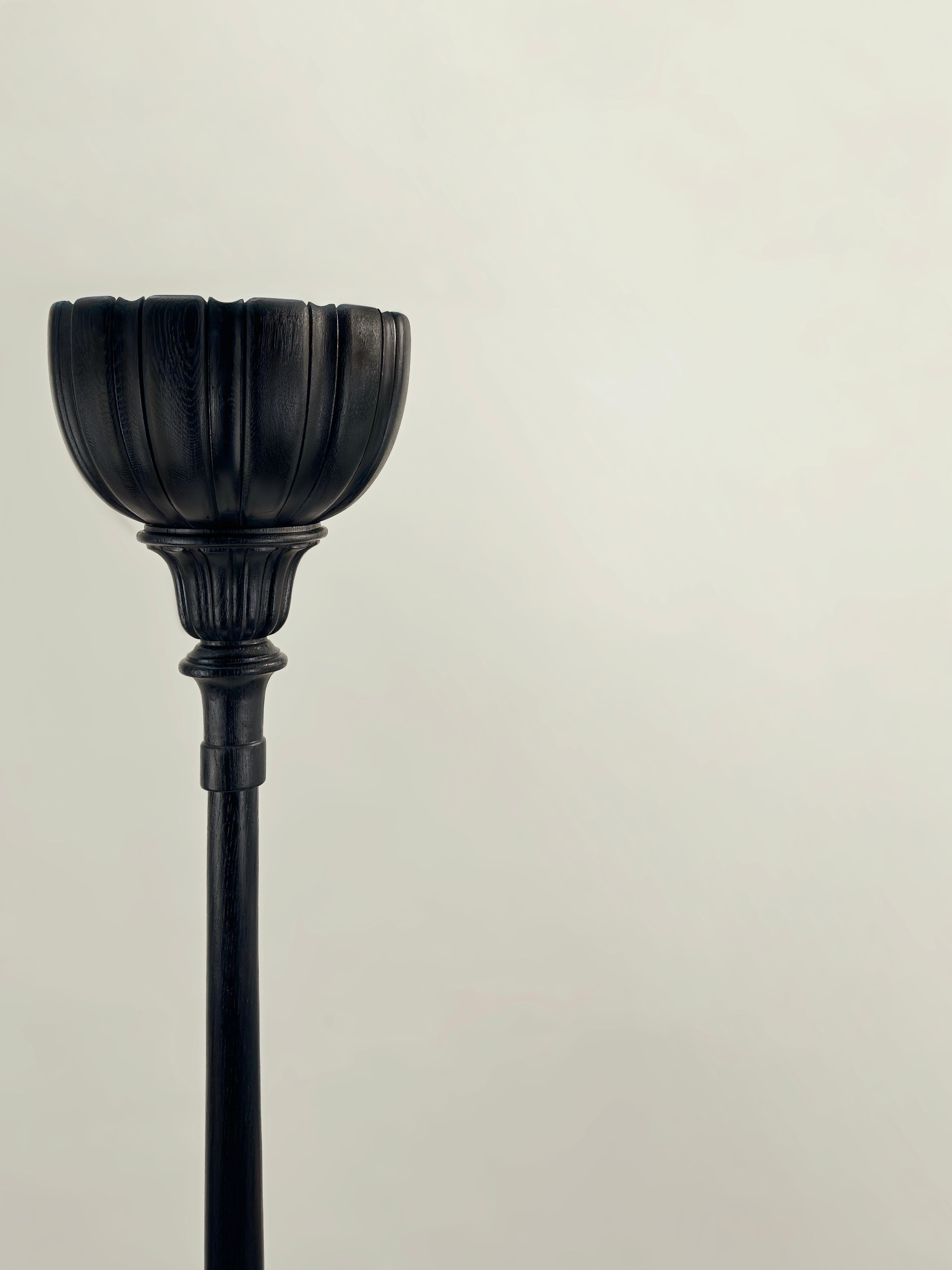 Hand-Carved Victorian Carved Ebonized Oak Torchiere Floor Lamp, England, c. 1890s For Sale