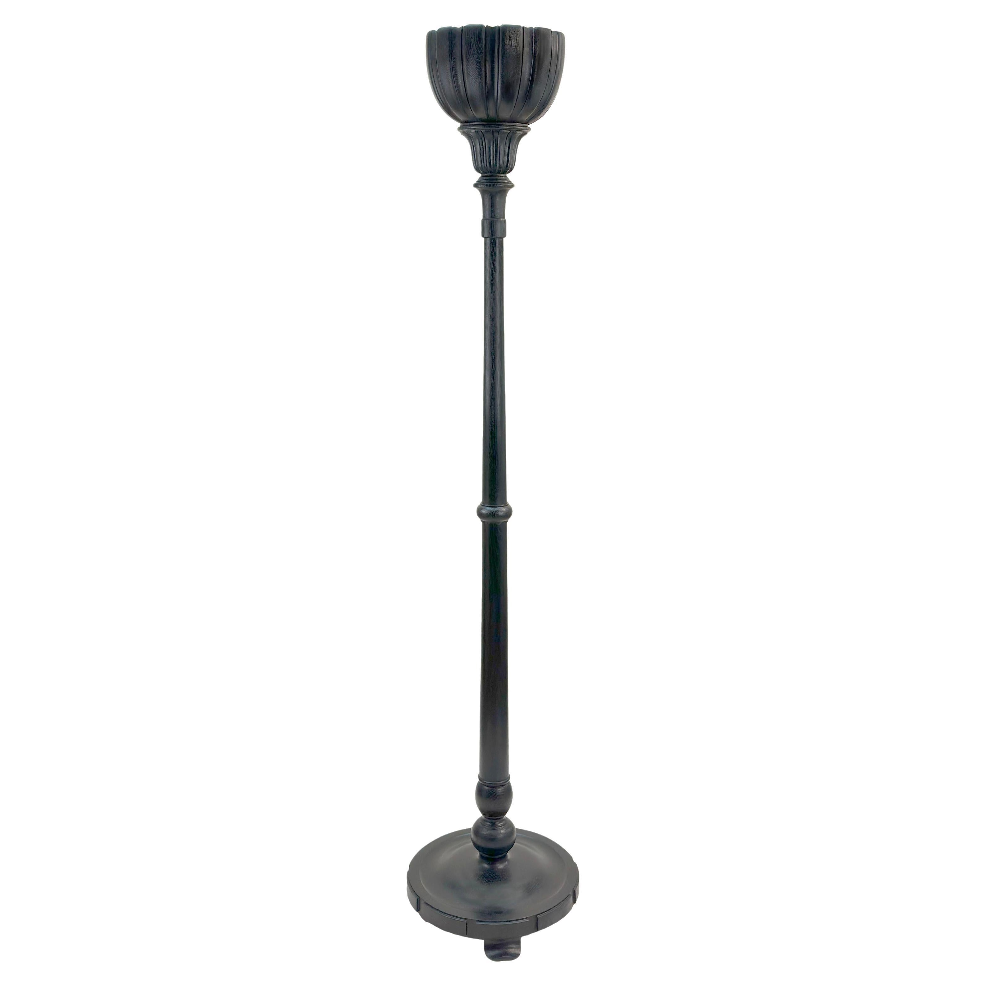 Victorian Carved Ebonized Oak Torchiere Floor Lamp, England, c. 1890s For Sale