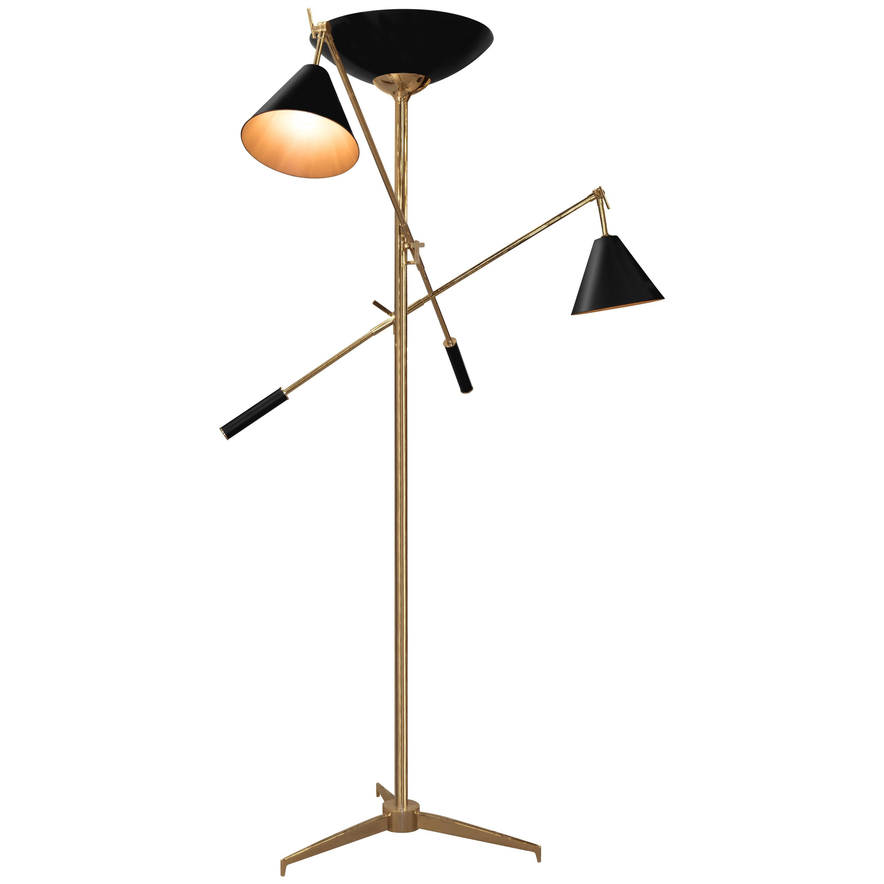 Torchiere Floor Lamp in Black and Brass For Sale
