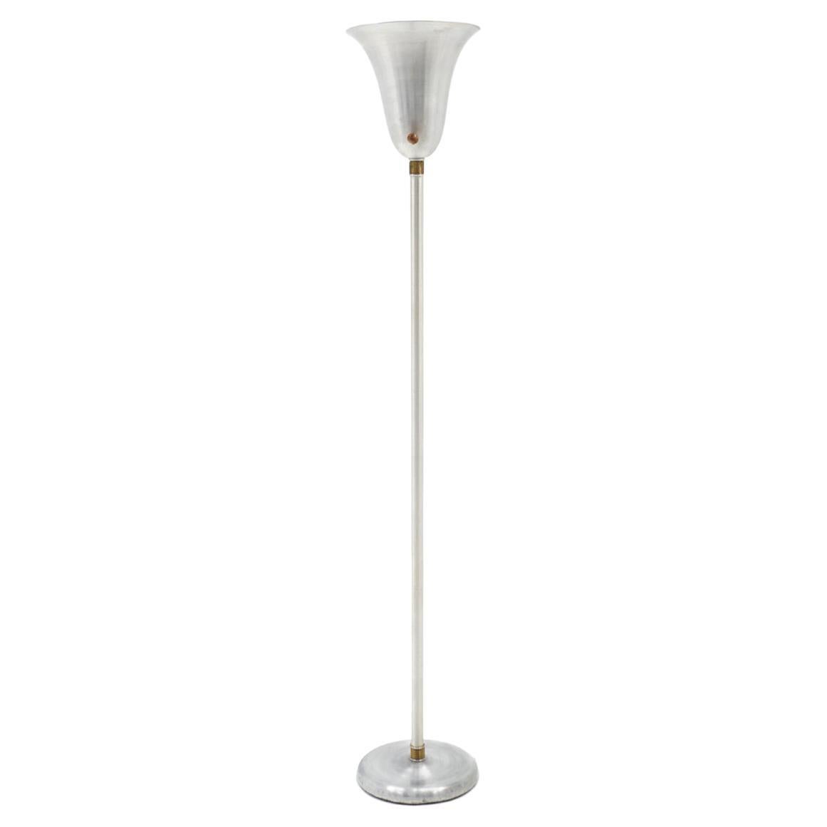 Torchiere Floor Lamp in Spun Aluminum with Brass Detail by Russel Wright