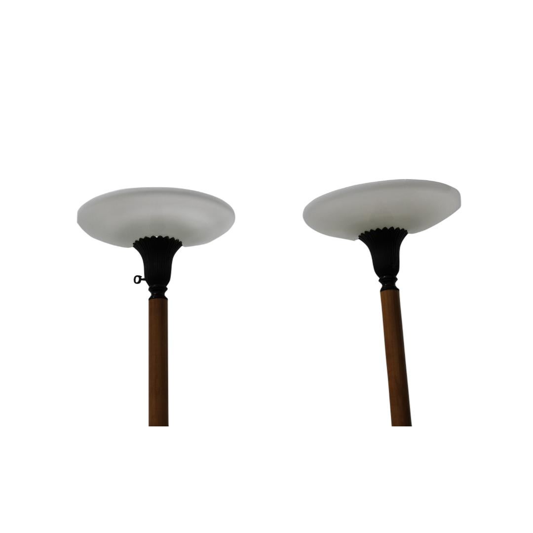 Glass Torchiere Floor Lamps W/ Painted Metal Tri-Part Feet For Sale