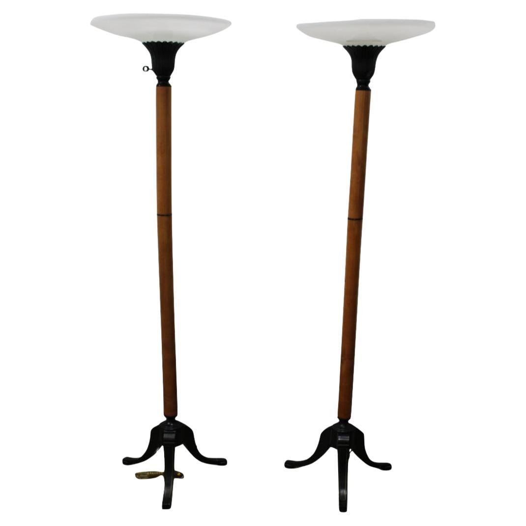 Torchiere Floor Lamps W/ Painted Metal Tri-Part Feet For Sale