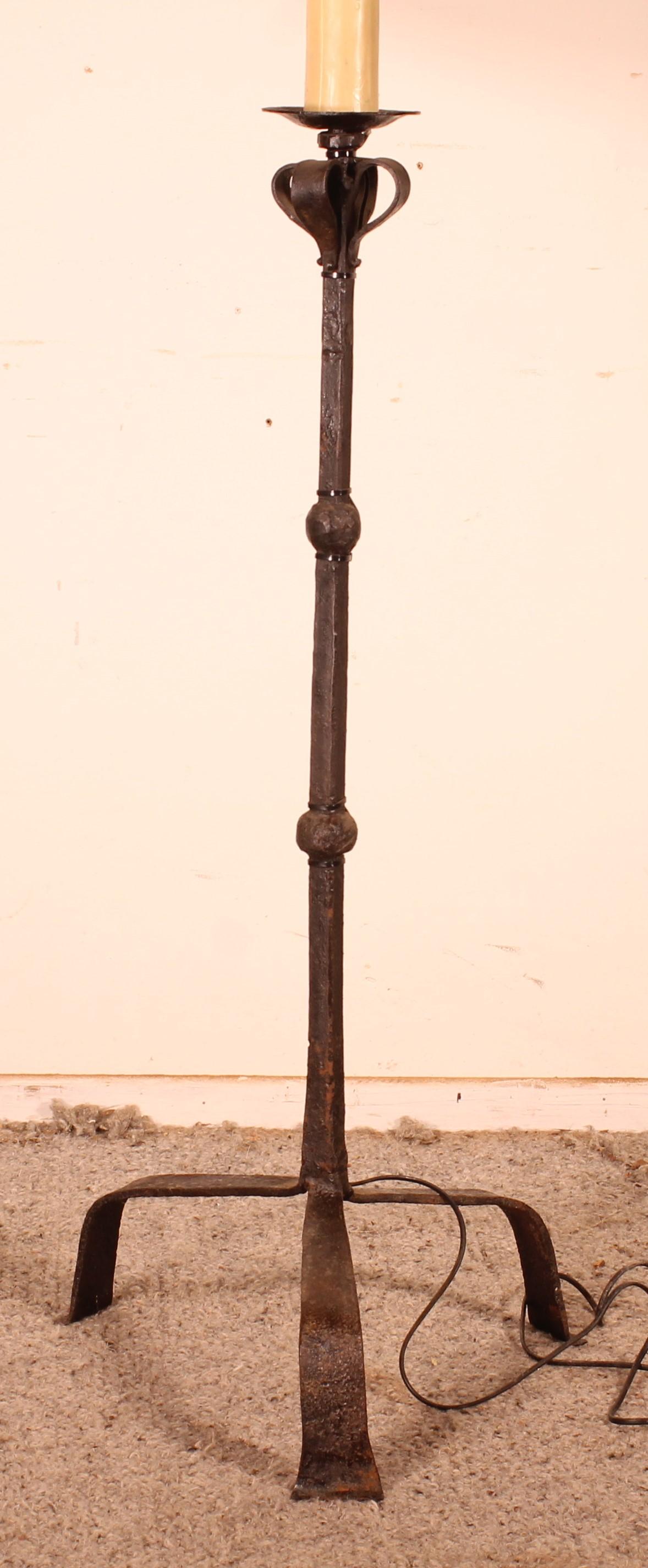 Renaissance Torchiere or Floor Lamp in Wrought Iron with a Lampshade in Goatskin For Sale