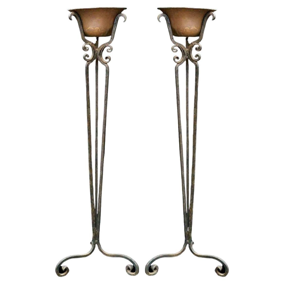 Torchiere Plant Stands Copper Inserts on Wrought Iron