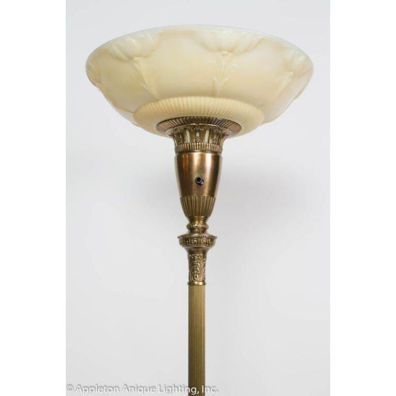 Brass Torchiere with Onyx Base and Original Glass Shade