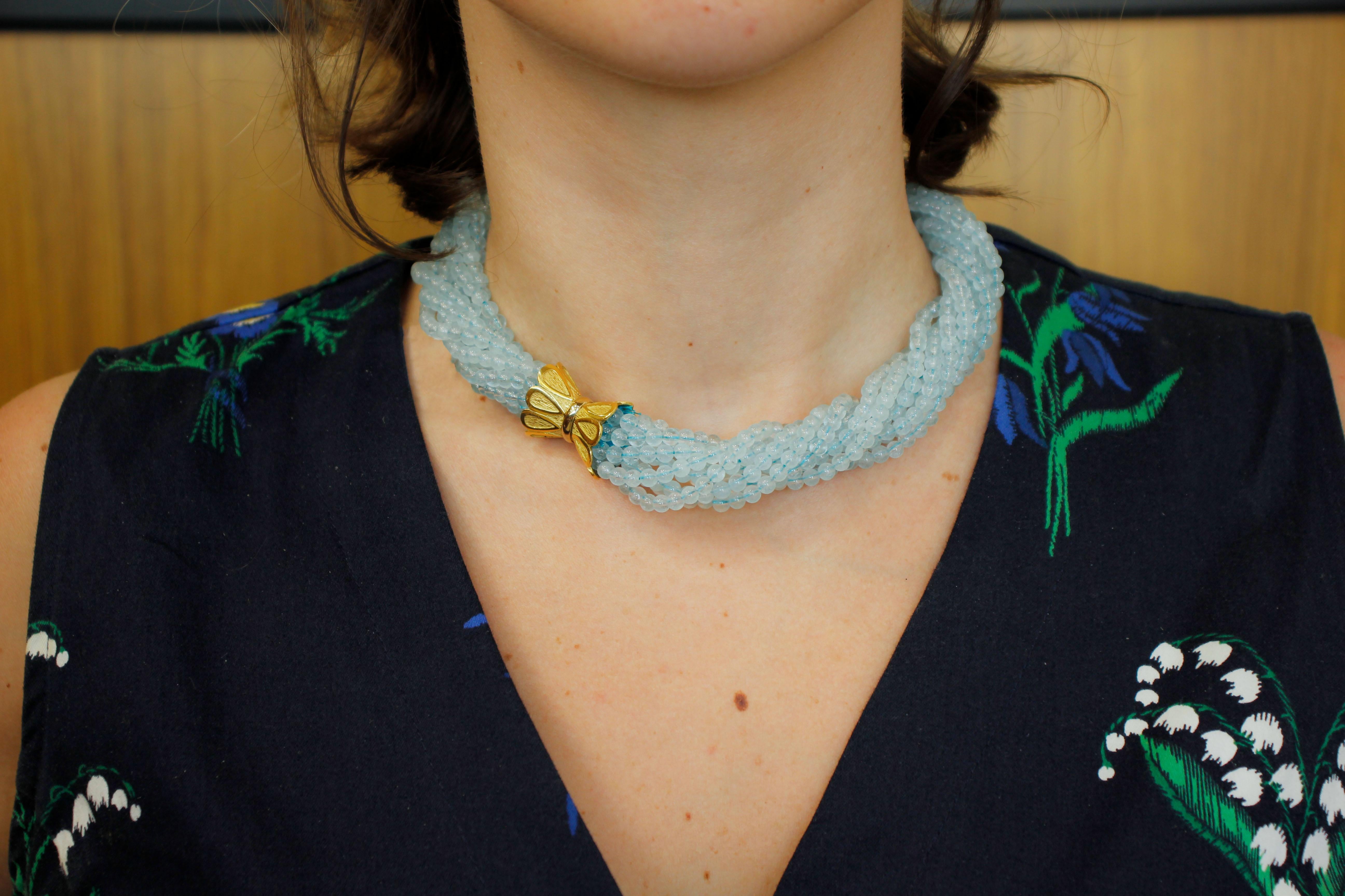 Women's Torchon Aquamarine Necklace with 18 Karat Yellow Gold Closure