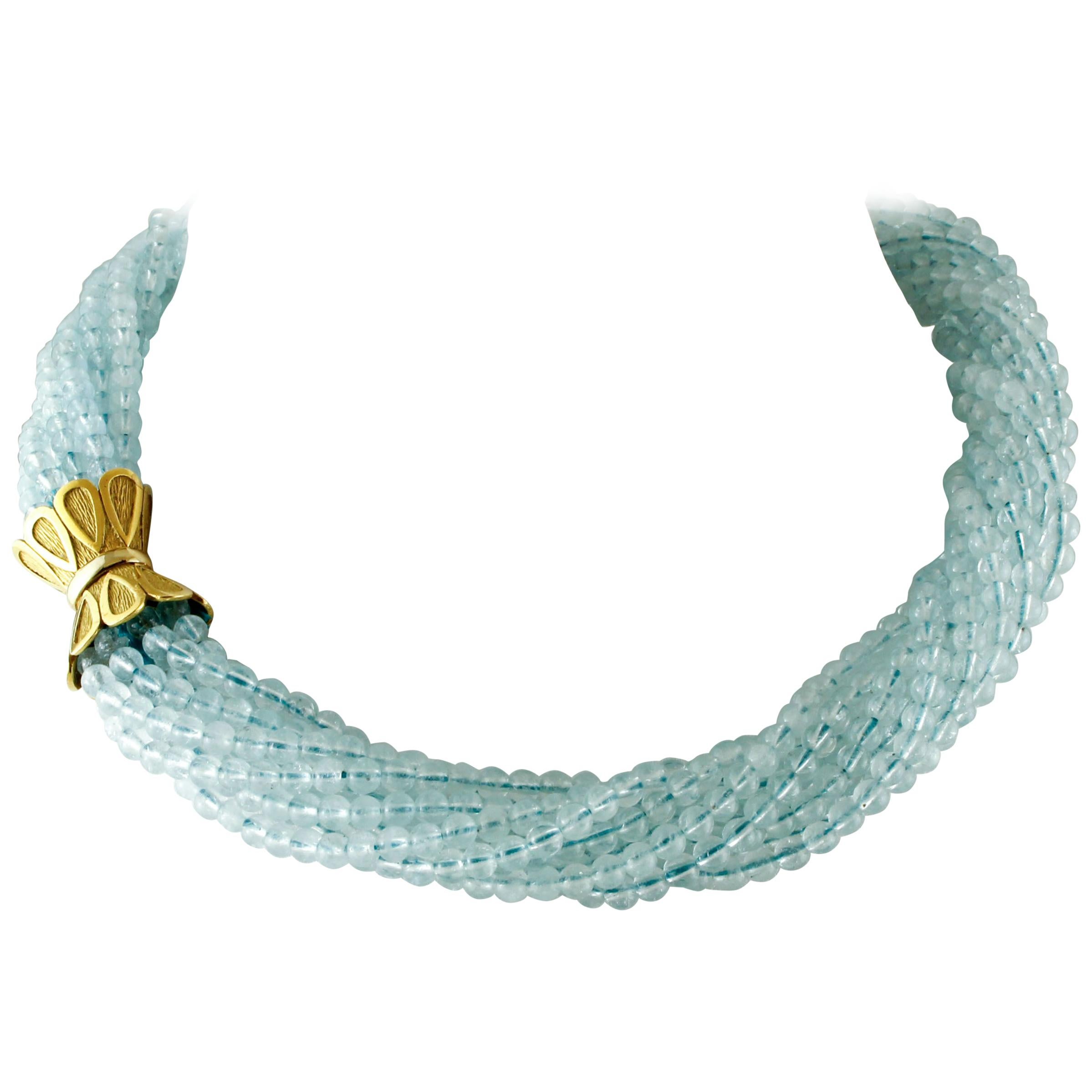Torchon Aquamarine Necklace with 18 Karat Yellow Gold Closure