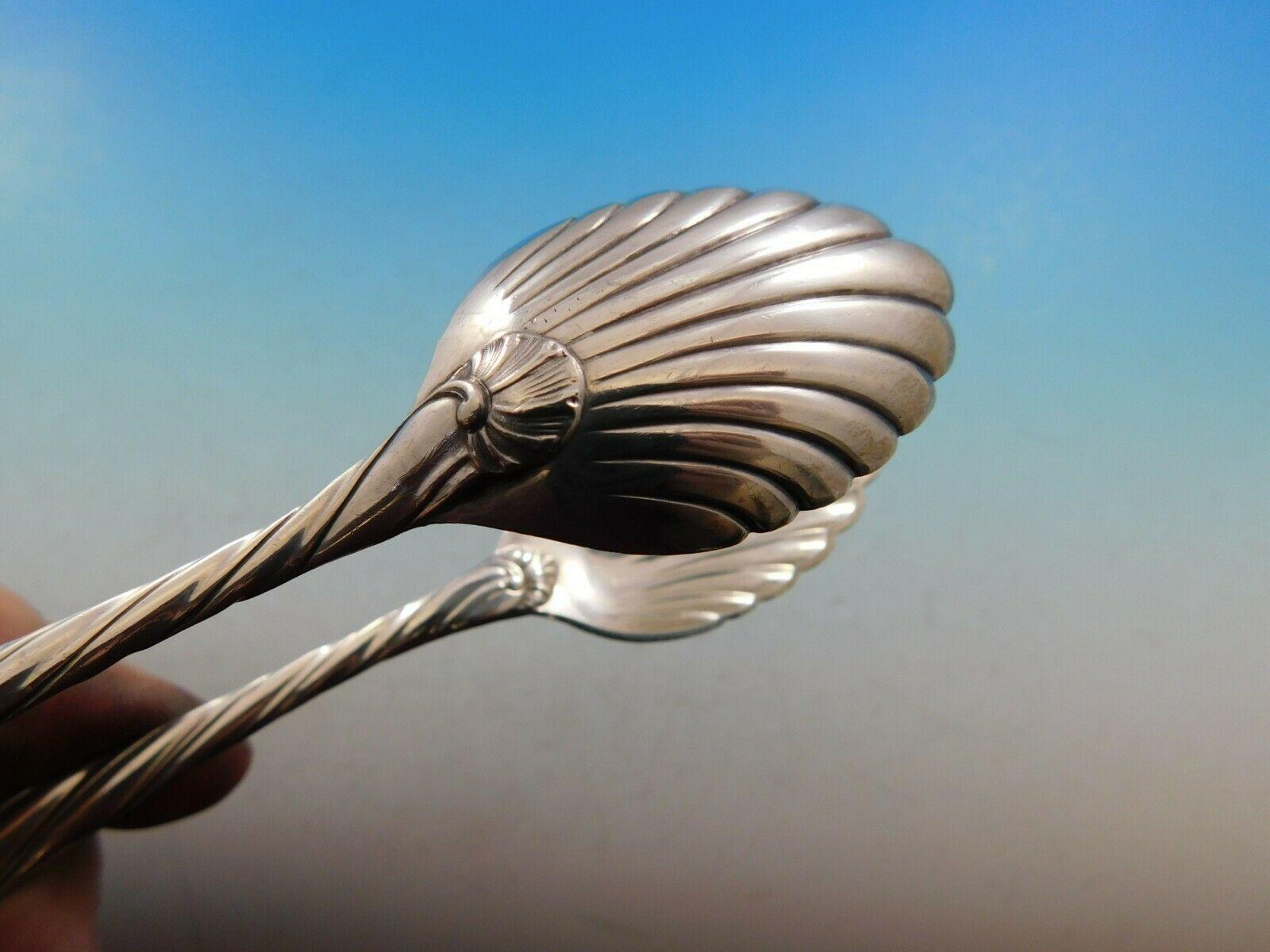 20th Century Torchon by Buccellati Italy Sterling Silver Ice Serving Tongs Shell Bowls